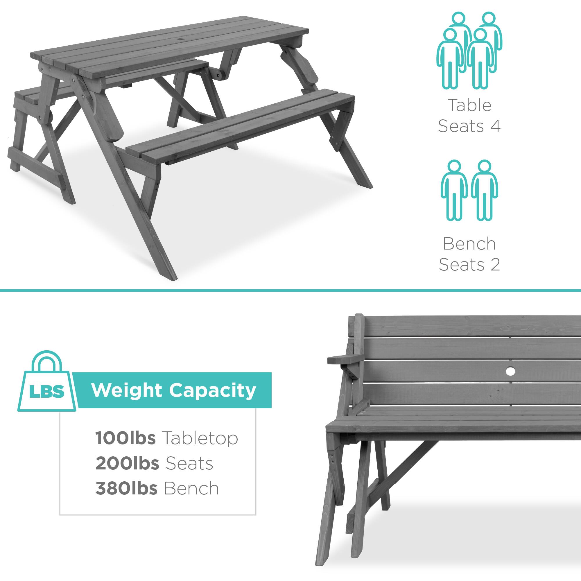 Table Seats 4  
Bench Seats 2  

Weight Capacity  
100lbs Tabletop  
200lbs Seats  
380lbs Bench
