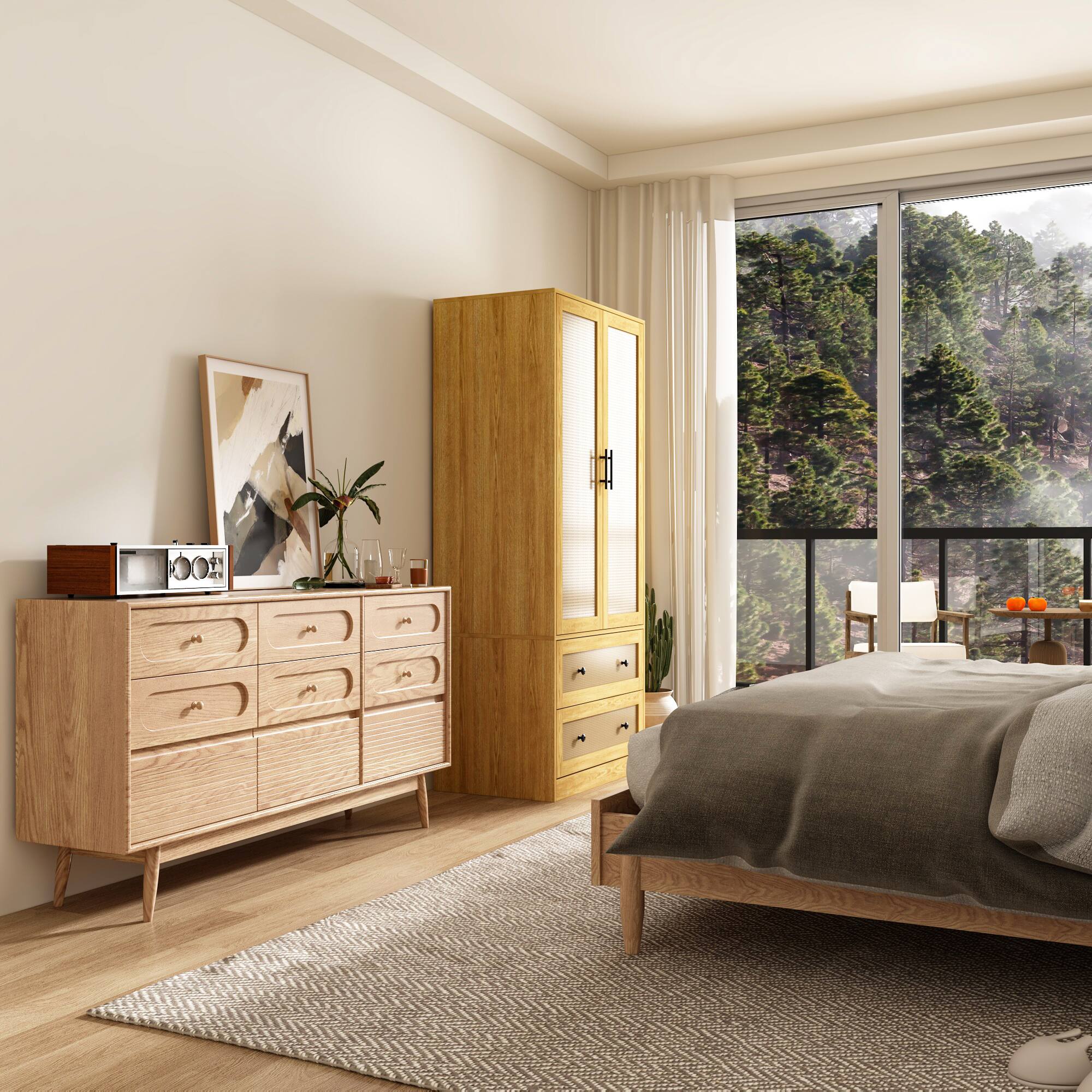 Alt View 10. Famapy - Rattan & Wood Grain Double Door Wardrobe – Natural Style Closet with Hanging Rods, Drawers & Silent Rails - Wooden.