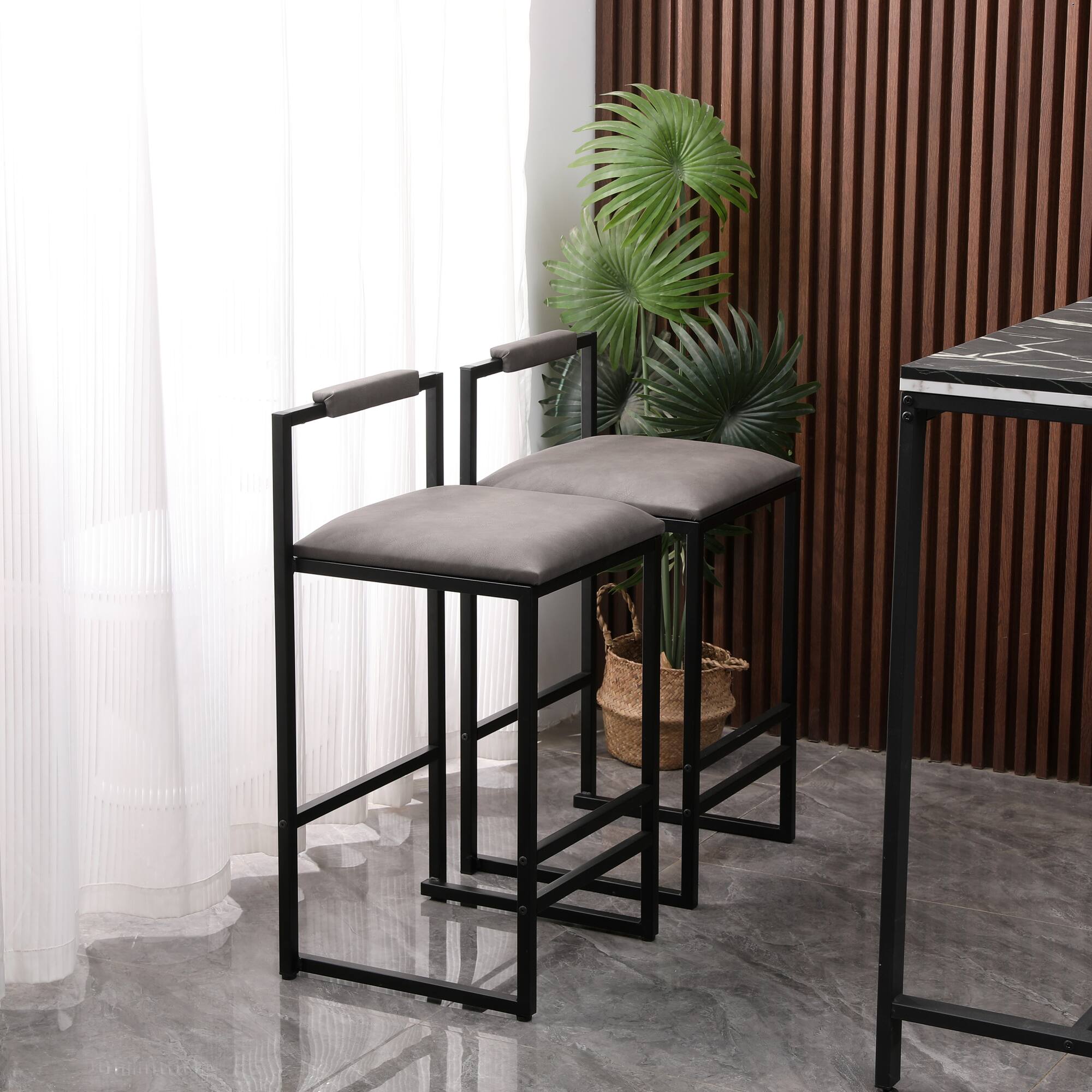 Angle. GOODSILO - Set of 2 Modern Counter Height Barstools with Upholstered Seats and Metal Legs for Kitchen and Dining Areas - Grey.