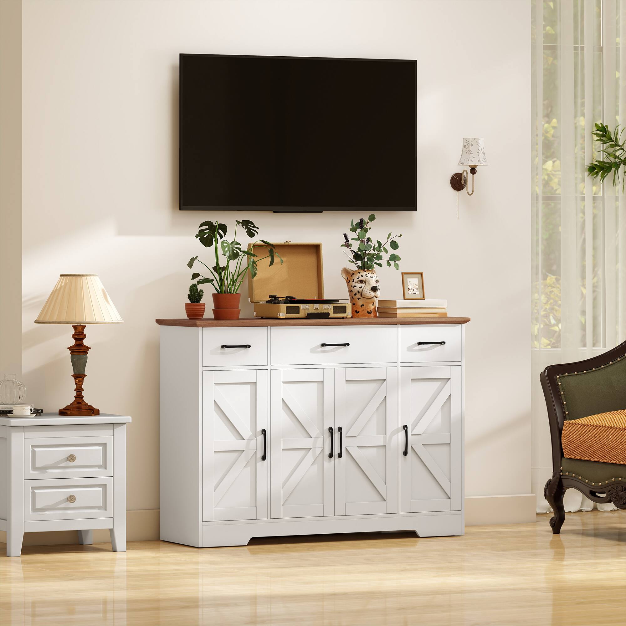 Alt View 8. Homcom - Buffet Cabinet with Soft-Close Hinges, Farmhouse Sideboard with 3 Drawers - White.