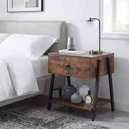 WELLFOR - Industrial Nightstand with Drawer and Adjustable Foot Pads for Bedroom - Rustic Brown
