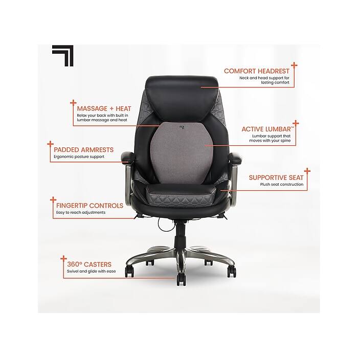 COMFORT HEADREST  
Neck and head support for lasting comfort

MASSAGE + HEAT  
Relax your back with built-in lumbar massage and heat

PADDED ARMRESTS  
Ergonomic posture support

ACTIVE LUMBAR  
Lumbar support that moves with your spine

SUPPORTIVE SEAT  
Plush seat construction

FINGERTIP CONTROLS  
Easy to reach adjustments

360° CASTERS  
Swivel and glide with ease