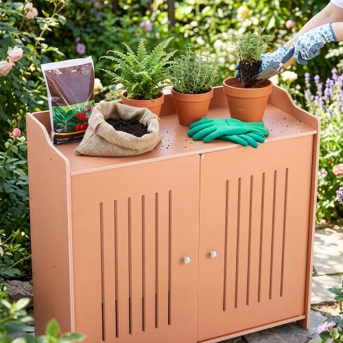 Alt View 6. Winado - Storage Cabinet PVC 2-in-1 Workstation, Patio Storage Box with Shelf, Doors for Indoor Outdoor Garden Balcony Garage - Brown.