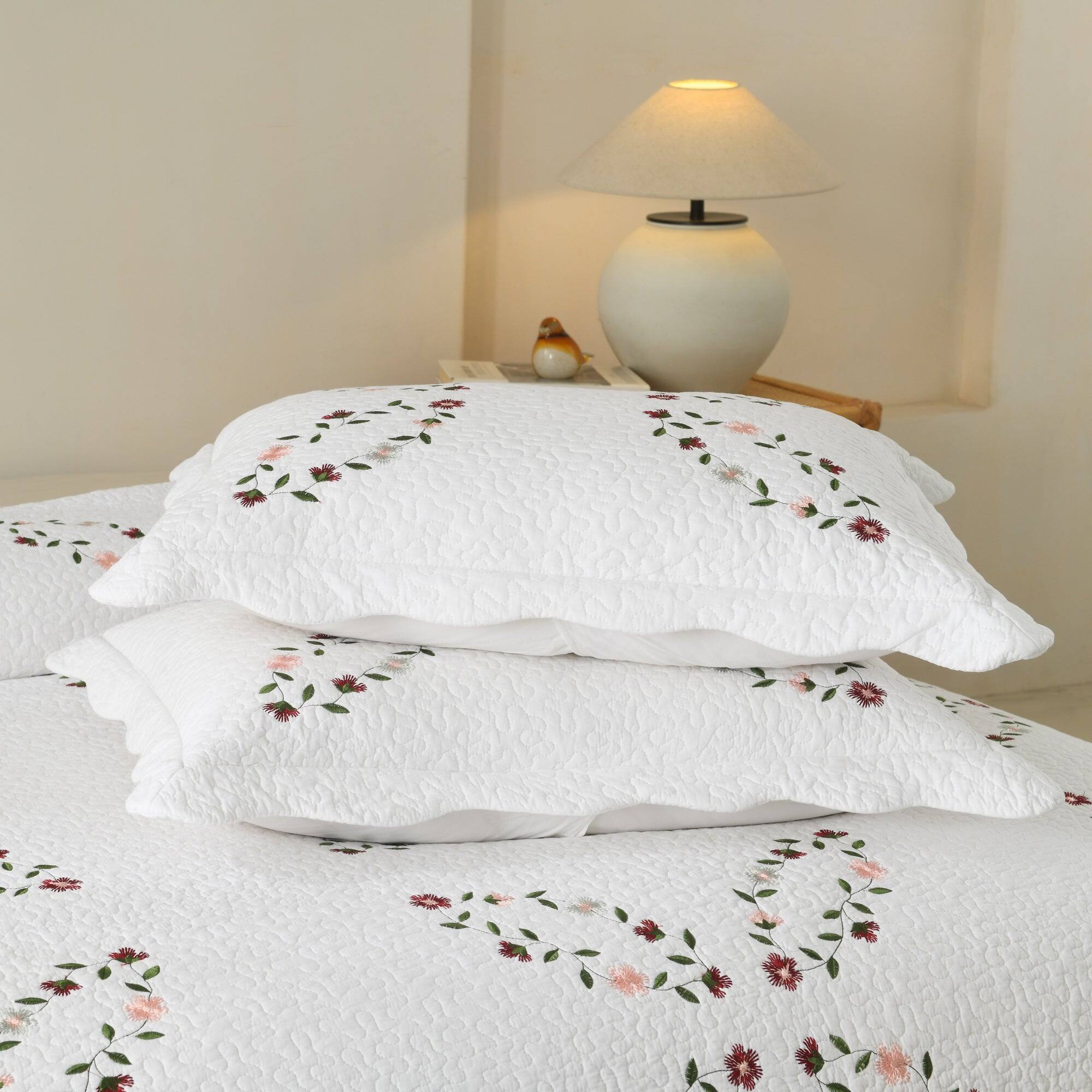 Alt View 3. MarCielo - MarCielo 3 Piece 100% Cotton Floral Vine Embroidered Cottage Quilt Bedspread Set - White.