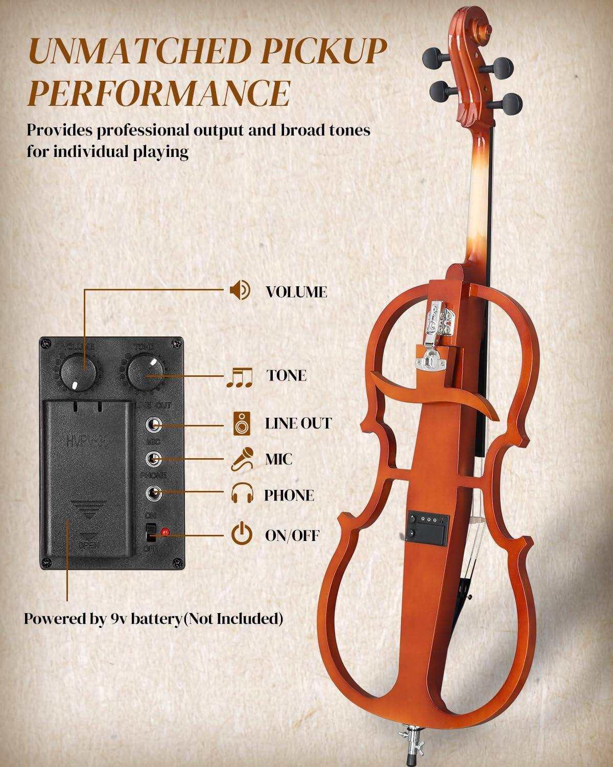 UNMATCHED PICKUP PERFORMANCE  
Provides professional output and broad tones for individual playing  

- VOLUME  
- TONE  
- LINE OUT  
- MIC  
- PHONE  
- ON/OFF  

Powered by 9v battery (Not Included)