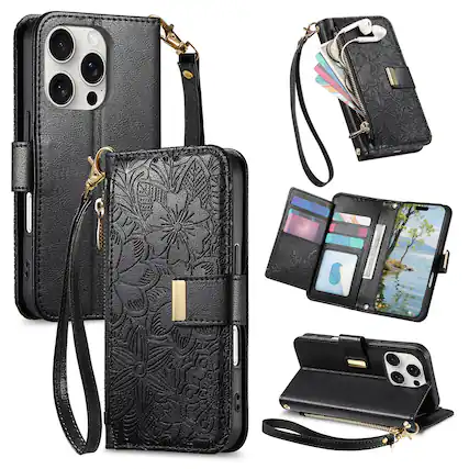 Front. UUCOVER - Floral PU Leather Wallet Case for iPhone 16 Pro with Zipper Pocket, Card Slots,Shoulder & Wrist Strap, Stand Phone Cover - Black.
