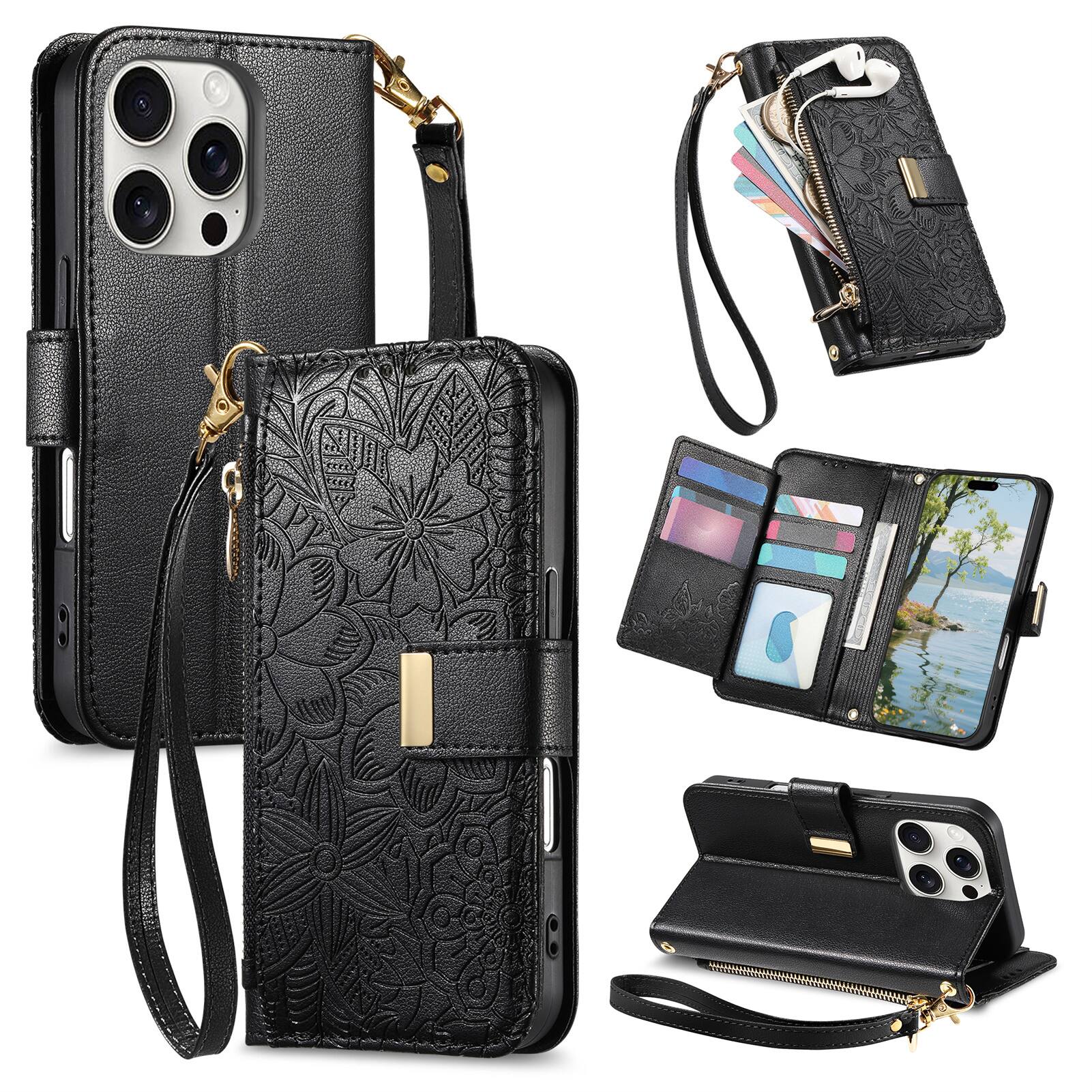 Front. UUCOVER - Floral PU Leather Wallet Case for iPhone 16 Pro with Zipper Pocket, Card Slots,Shoulder & Wrist Strap, Stand Phone Cover - Black.
