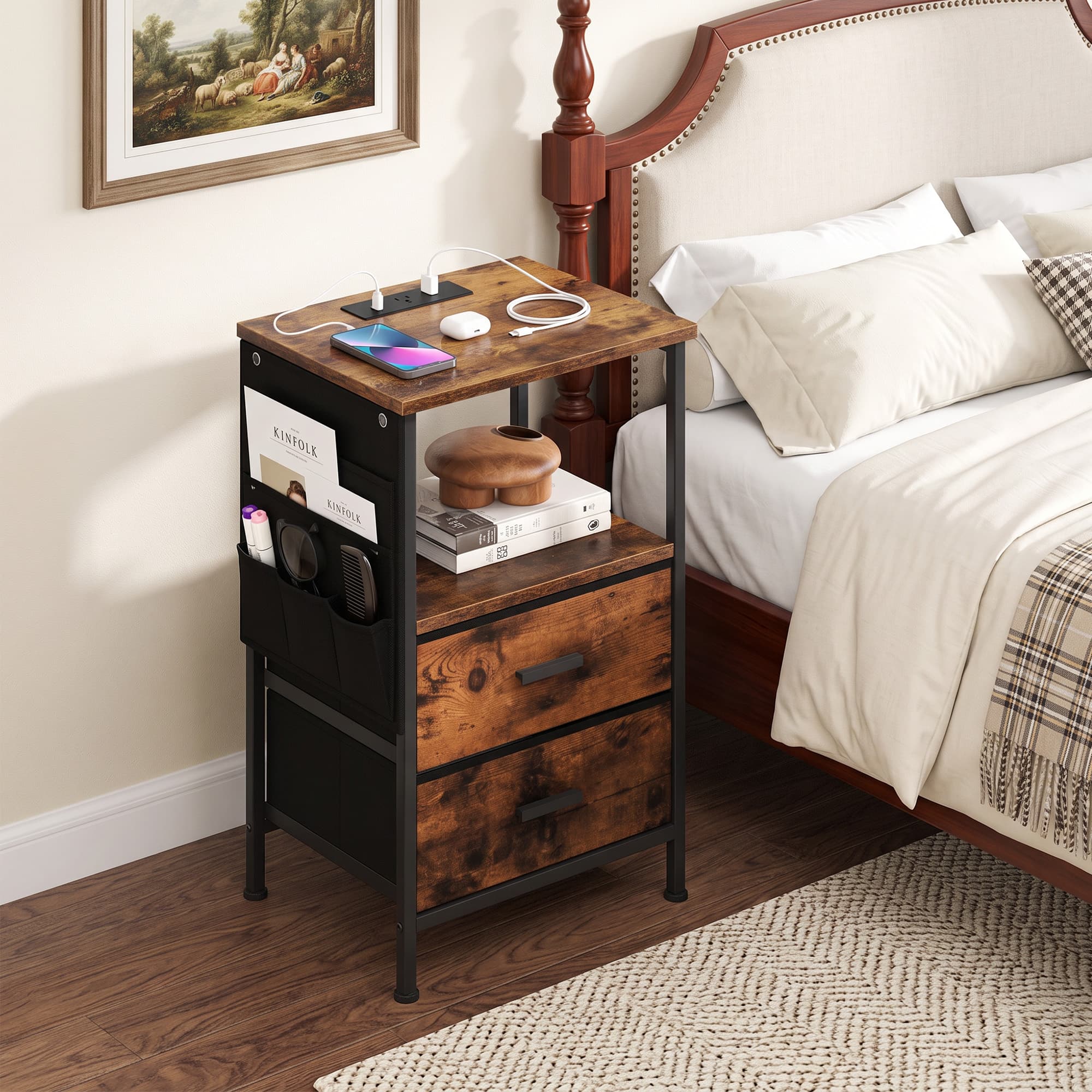 WELLFOR - Nightstand with Charging Station and 2 Folding Fabric Drawers - Rustic Brown and Black