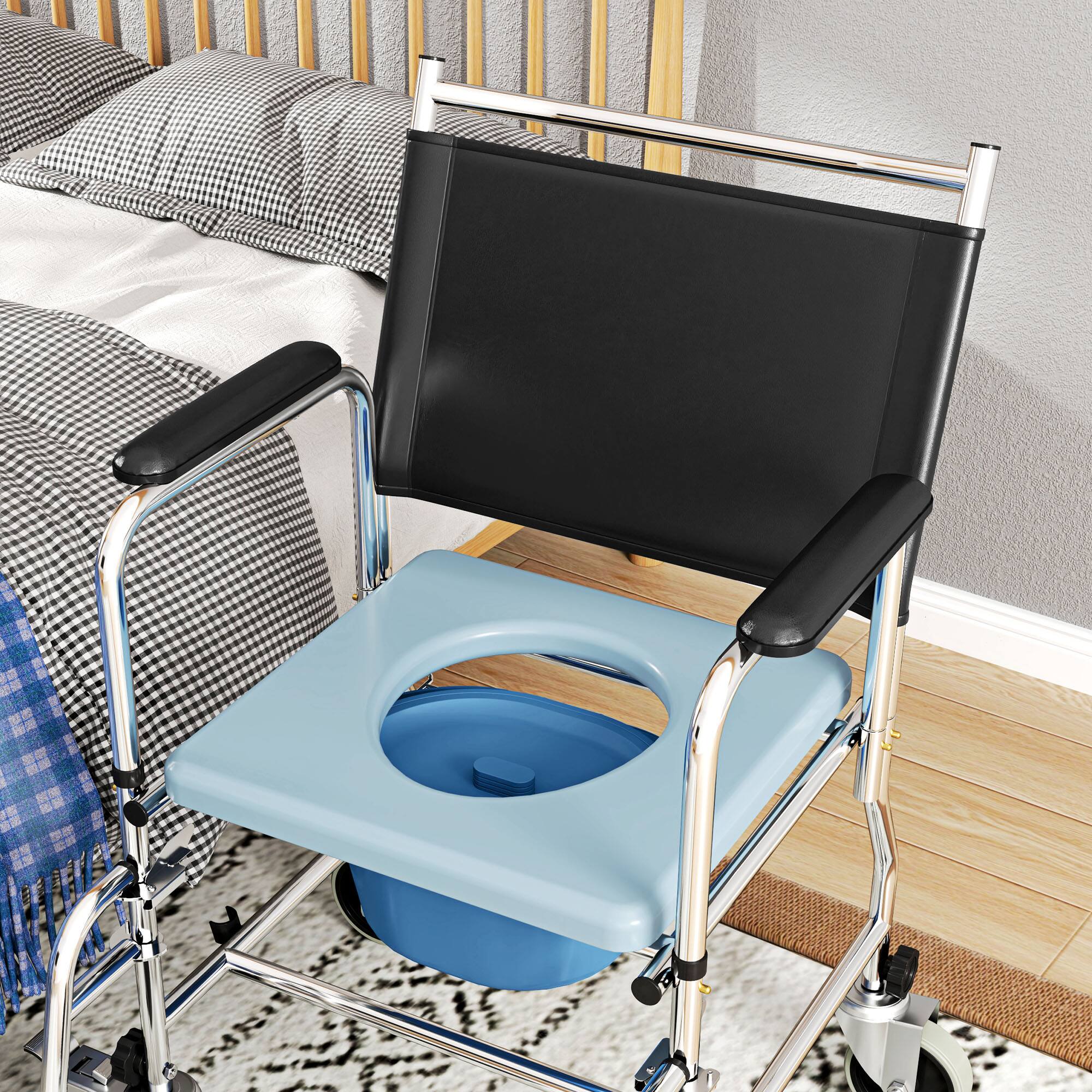 Alt View 7. Homcom - Rolling Commode & Shower Chair with Wheels, 3 in 1 Bedside Commode Chair with Padded Seat, Backrest, for Handicap - Black.