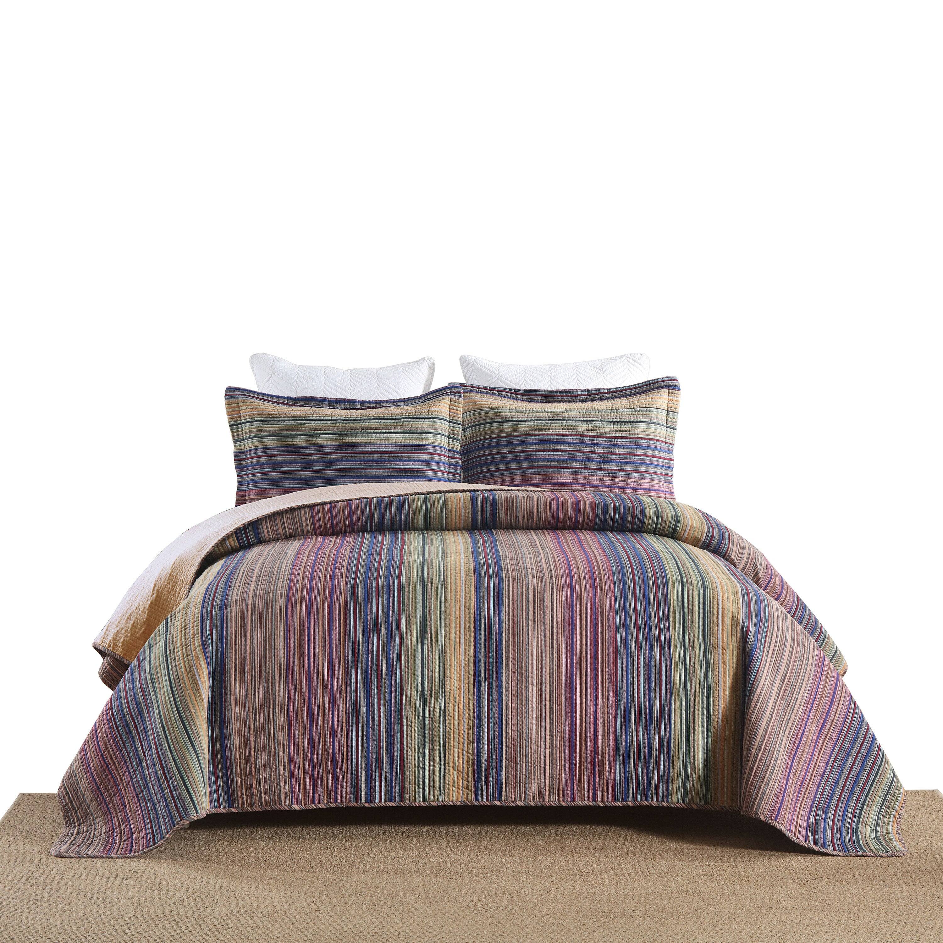 Back. MarCielo - Marcielo 3Pcs 100% Cotton Striped Quilt Bedspread Set Reversible Bedding - Purple.