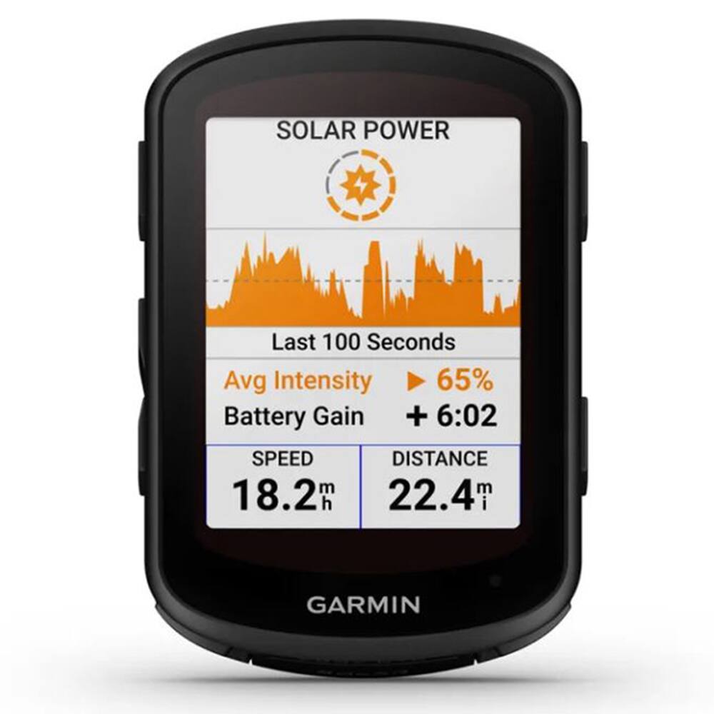 SOLAR POWER  
Last 100 Seconds  
Avg Intensity 65%  
Battery Gain + 6:02  
SPEED 18.2 m/h  
DISTANCE 22.4 m  
GARMIN