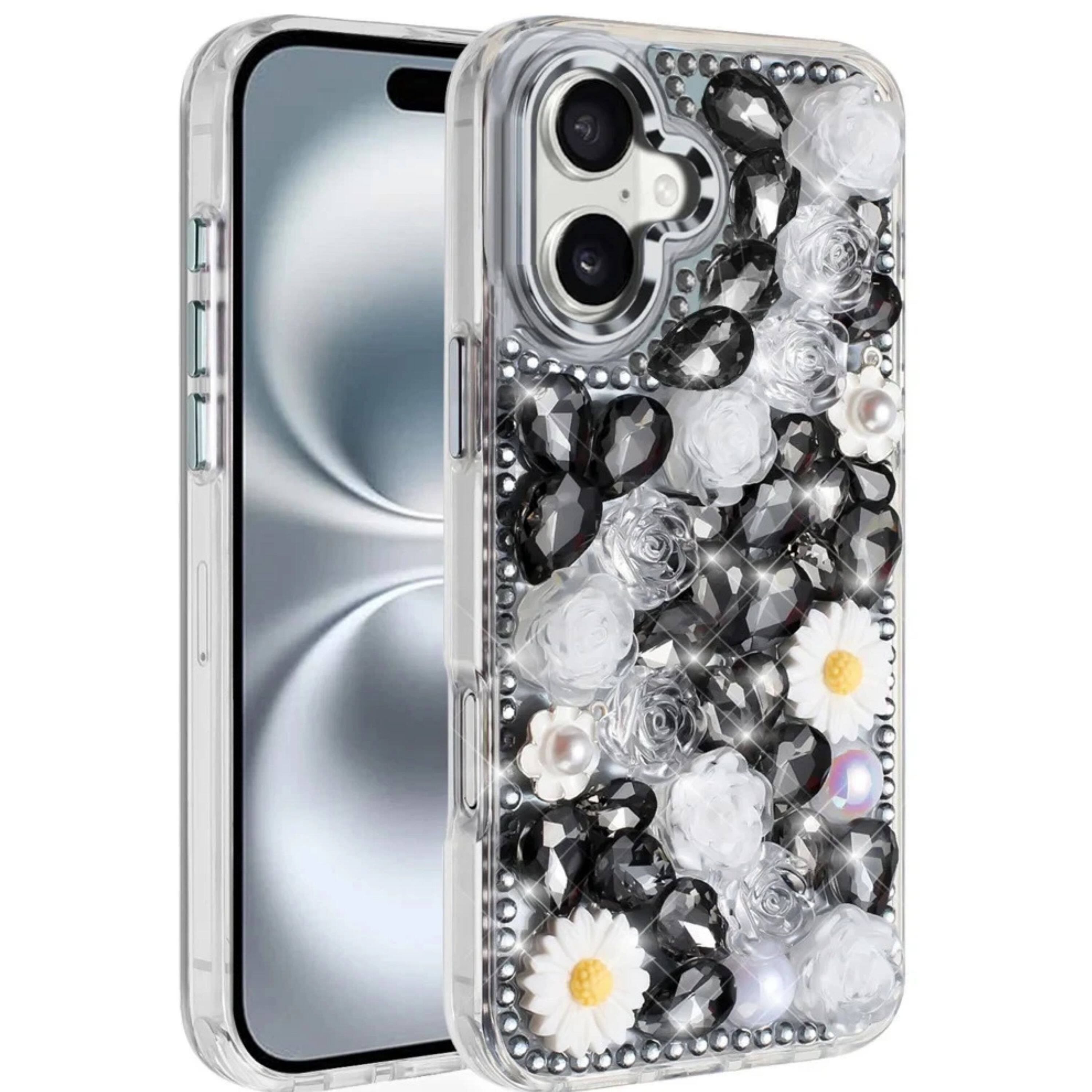 Front. Kitcheniva - Full 3D Bling Rhinestone Jewels Case Plus Tempered Glass For iPhone 16 Plus Black - Black.