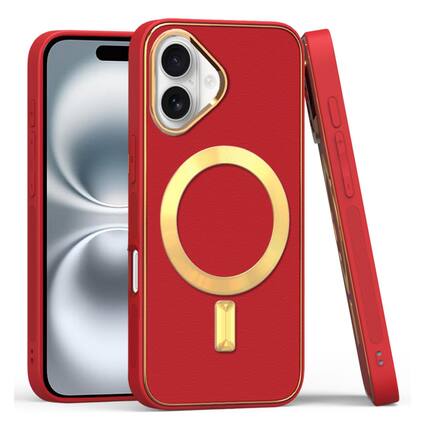 Front. Kitcheniva - Vegan Leather Cover Magnetic Circle Phone Case With Tempered Glass For iPhone 16 Red - Red.