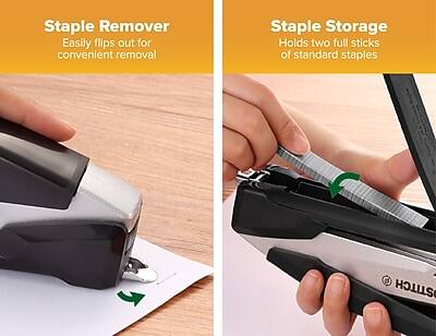 Staple Remover  
Easily flips out for convenient removal  

Staple Storage  
Holds two full sticks of standard staples