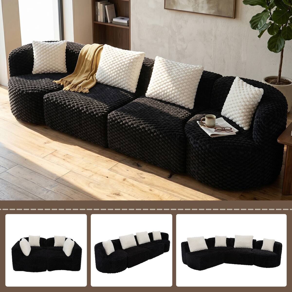 Ropilly Modular Sectional Sofa, Oversized 4 Seat Sofa in Black Bubble ...