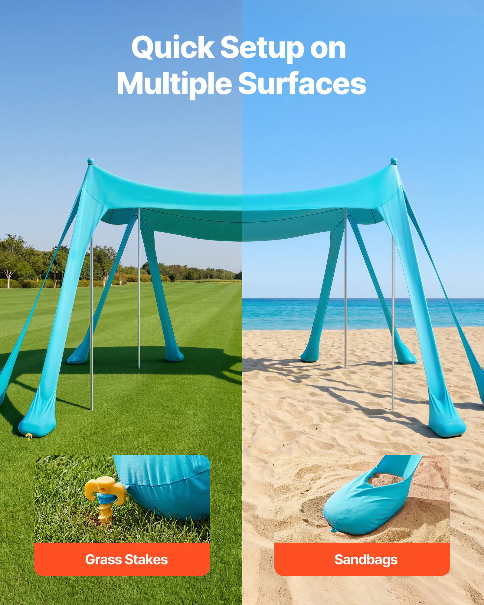 Quick Setup on Multiple Surfaces

Grass Stakes
Sandbags