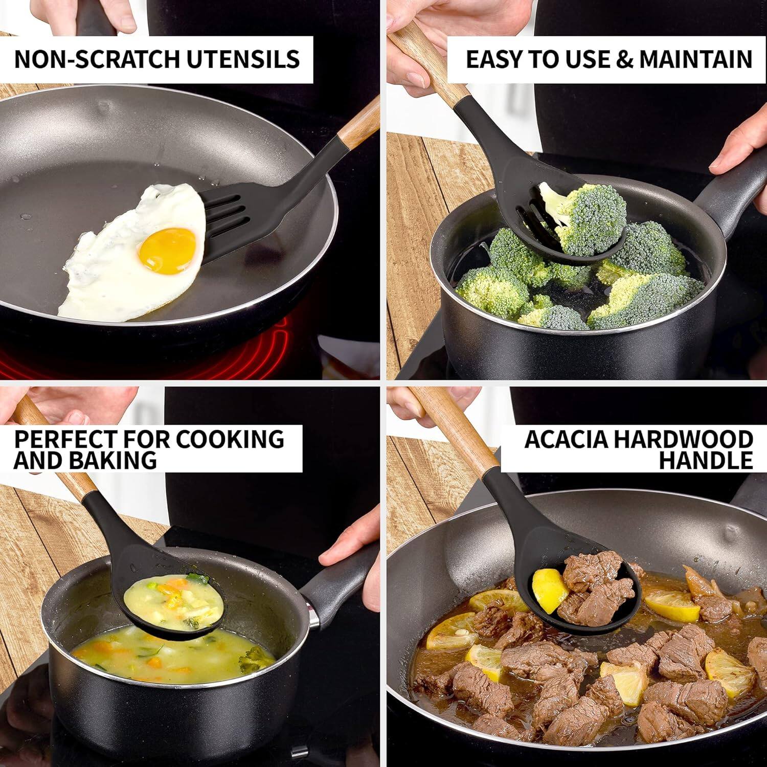 - NON-SCRATCH UTENSILS
- EASY TO USE & MAINTAIN
- PERFECT FOR COOKING AND BAKING
- ACACIA HARDWOOD HANDLE