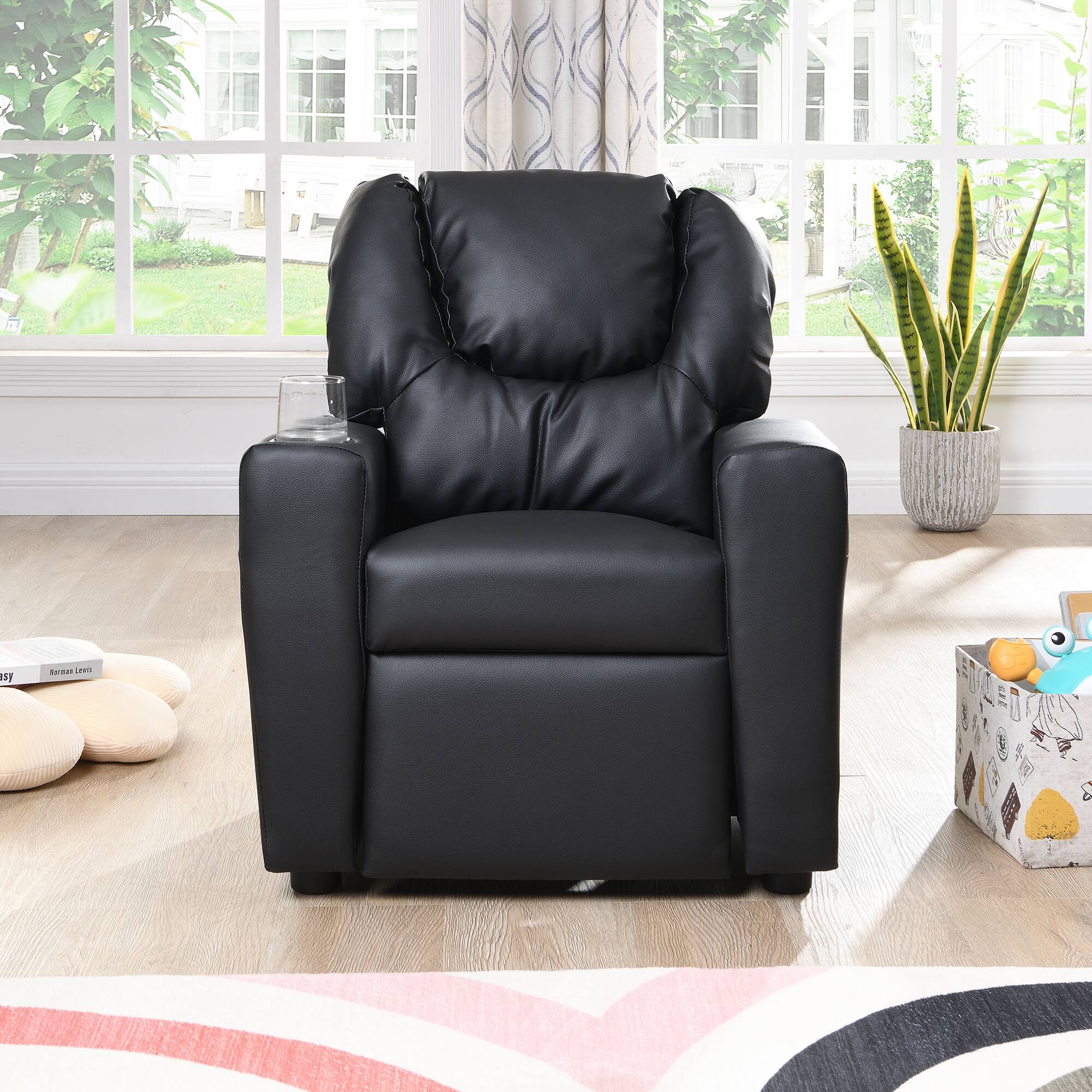 Angle. GOODSILO - Kids Recliner Chair - Deluxe Children's Single Sofa with Cup Holder, Ergonomic Design - Black.