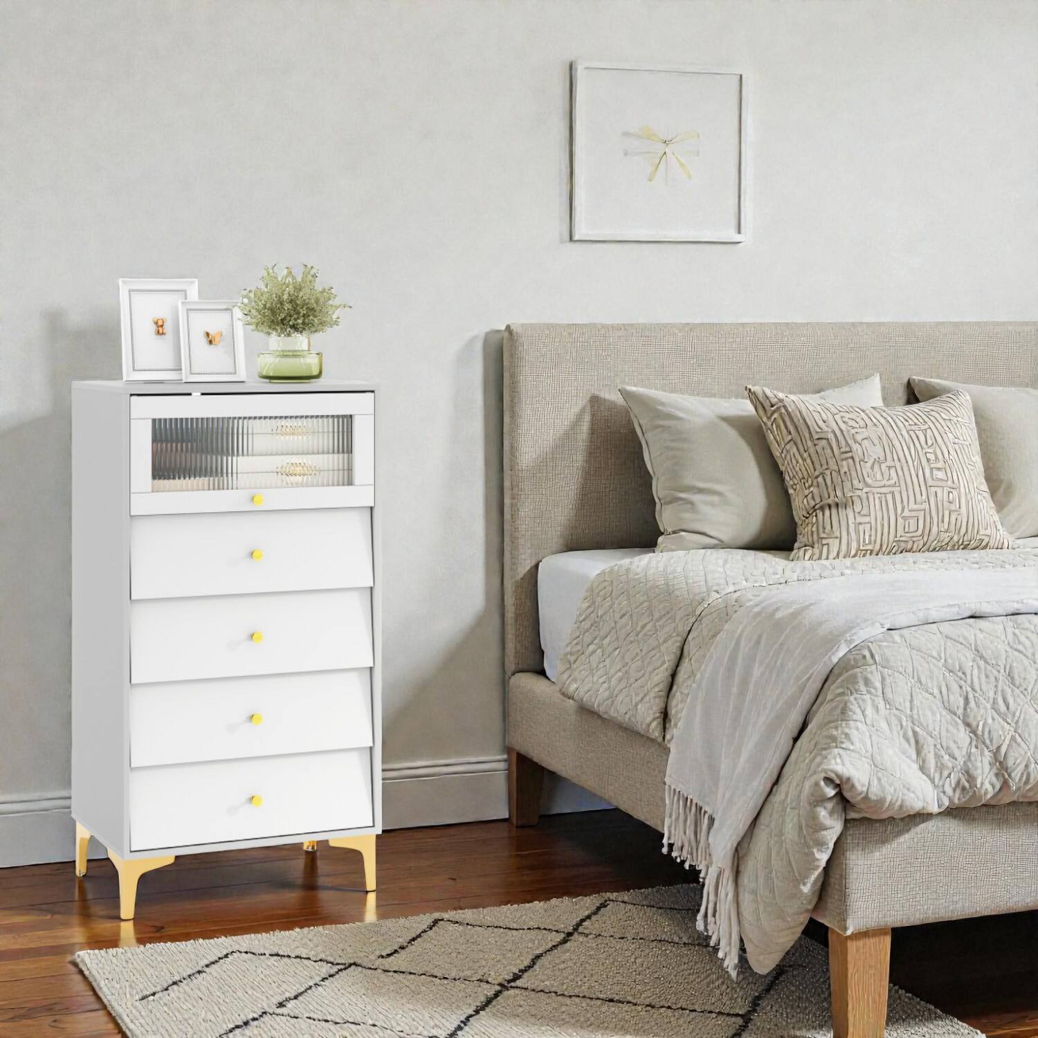 Hivvago - Modern 4-Drawer Cabinet with Flip-Up Ribbed Glass Door - Grey + White