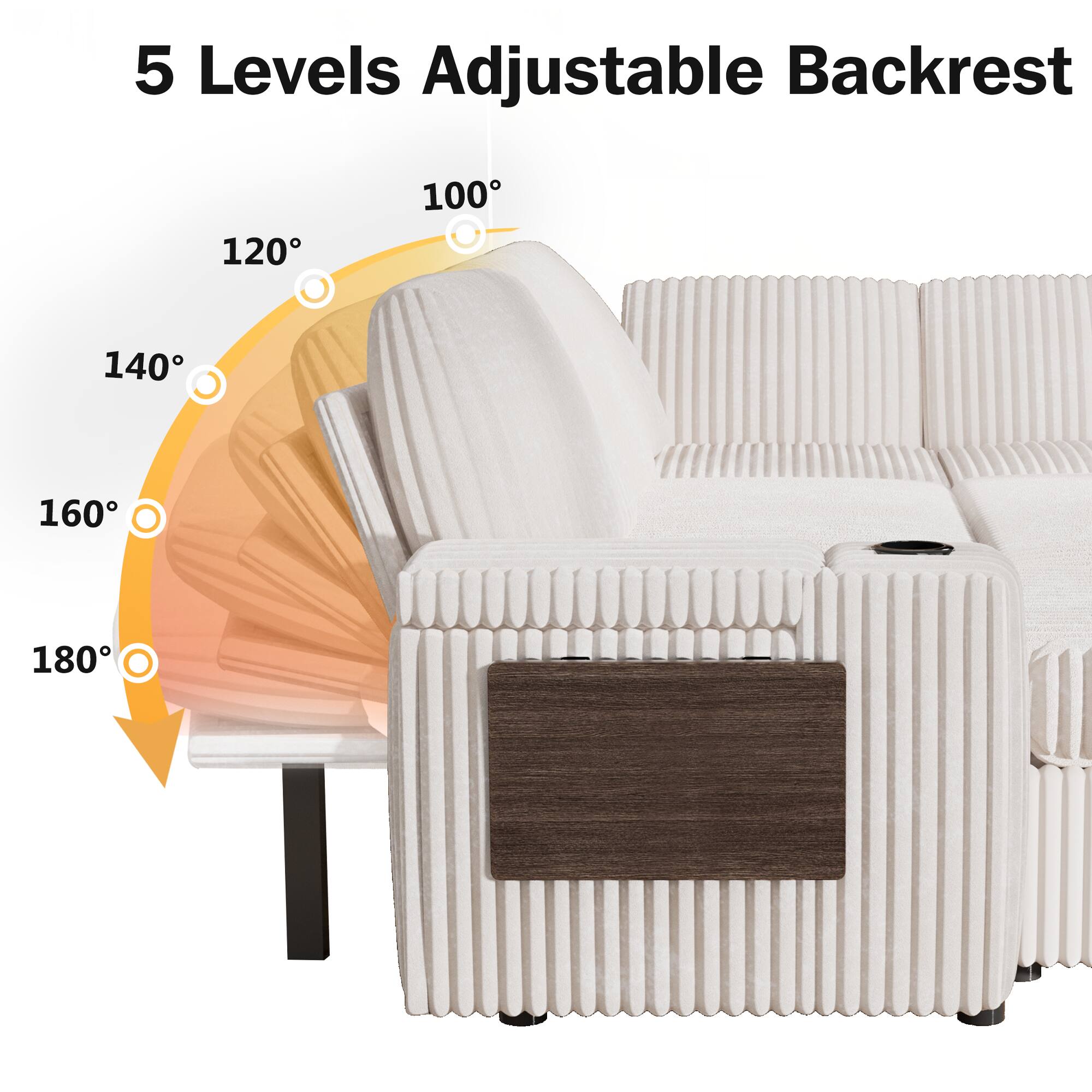5 Levels Adjustable Backrest

100°  
120°  
140°  
160°  
180°