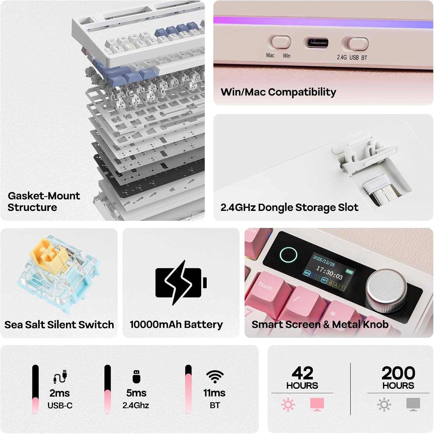 Mac Win 24G USB BT Win/Mac Compatibility Gasket-Mount Structure 2.4GHz Dongle Storage Slot Num 2026/12/25 2025 2/25 17:30:03 TNN J d A 1 Sea Salt Silent Switch 10000mAh Battery Smart Screen & Metal Knob 2ms USB-C 5ms 2.4Ghz 11ms BT 42 HOURS 200 HOURS