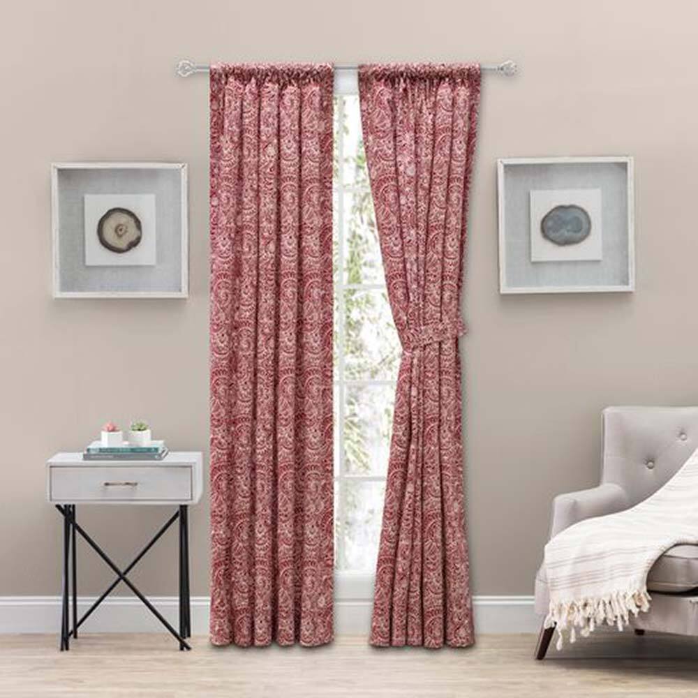 Angle. Ellis Curtain - Ellis Segovia Printed Paisley Pattern on Ground 1.5" Rod Pocket High Quality Tailored Tiers 50"x36" Red - Red.