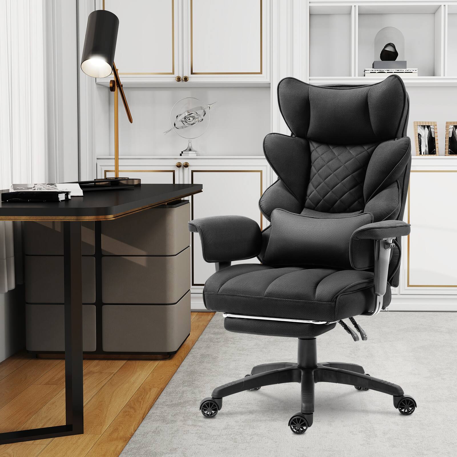 Alt View 4. Dowinx - Wide Back Executive Office Chair with Padded Pocket Spring Cushion, Reclining Gaming Chair with Footrest and Armrests - Black Fabric.