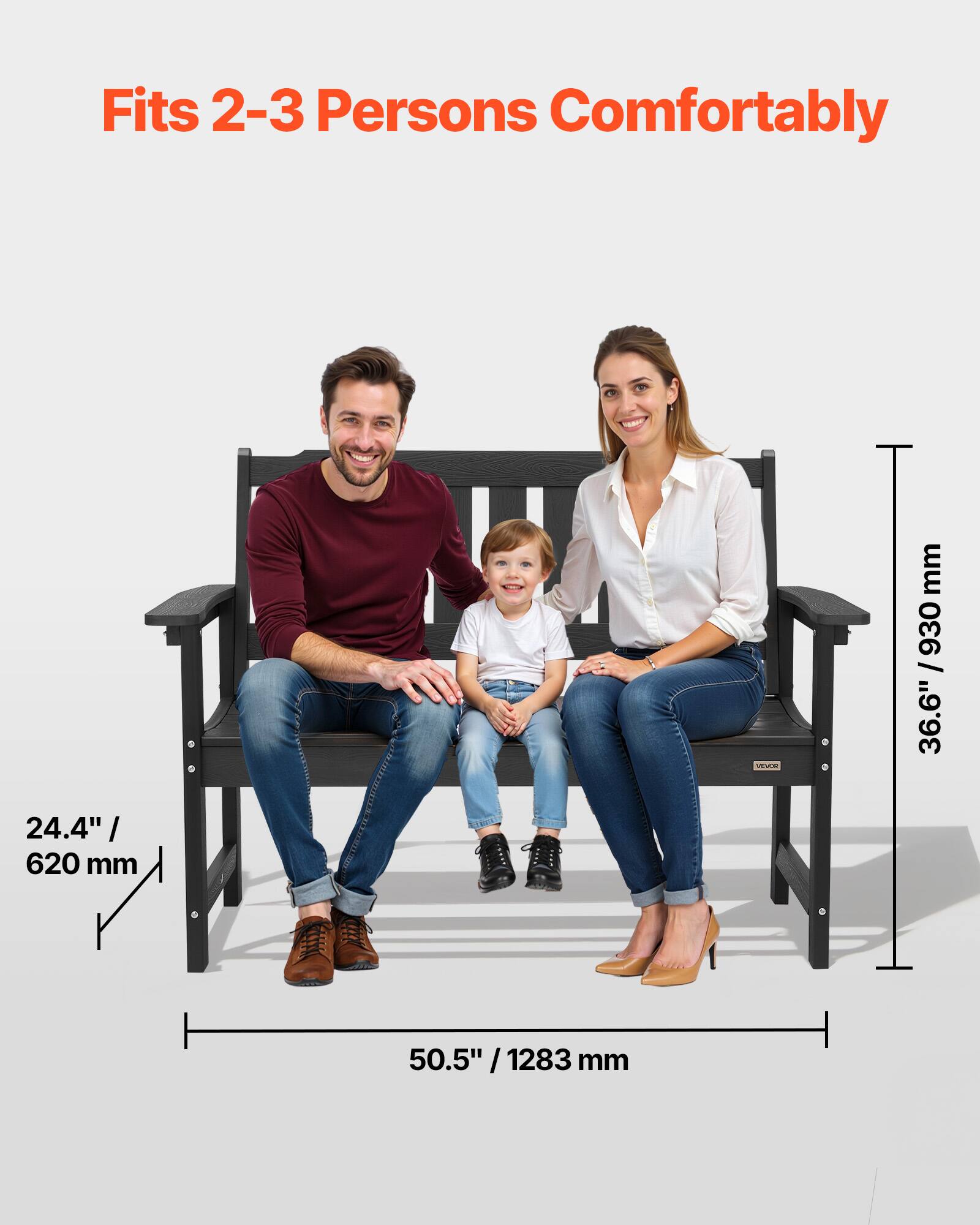 Fits 2-3 Persons Comfortably

- Width: 50.5" / 1283 mm
- Depth: 24.4" / 620 mm
- Height: 36.6" / 930 mm