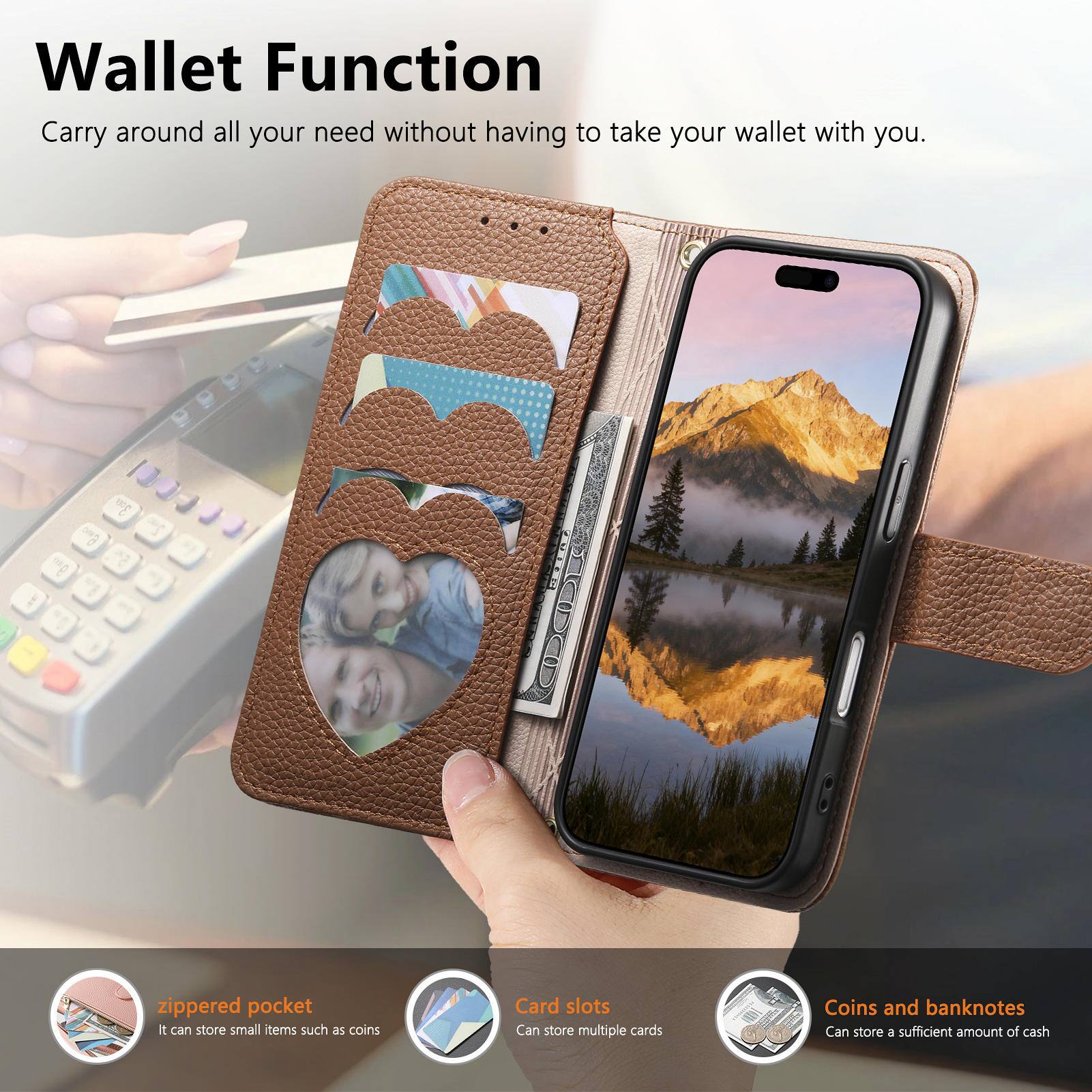 Wallet Function  
Carry around all your need without having to take your wallet with you.  

- zippered pocket: It can store small items such as coins  
- Card slots: Can store multiple cards  
- Coins and banknotes: Can store a sufficient amount of cash