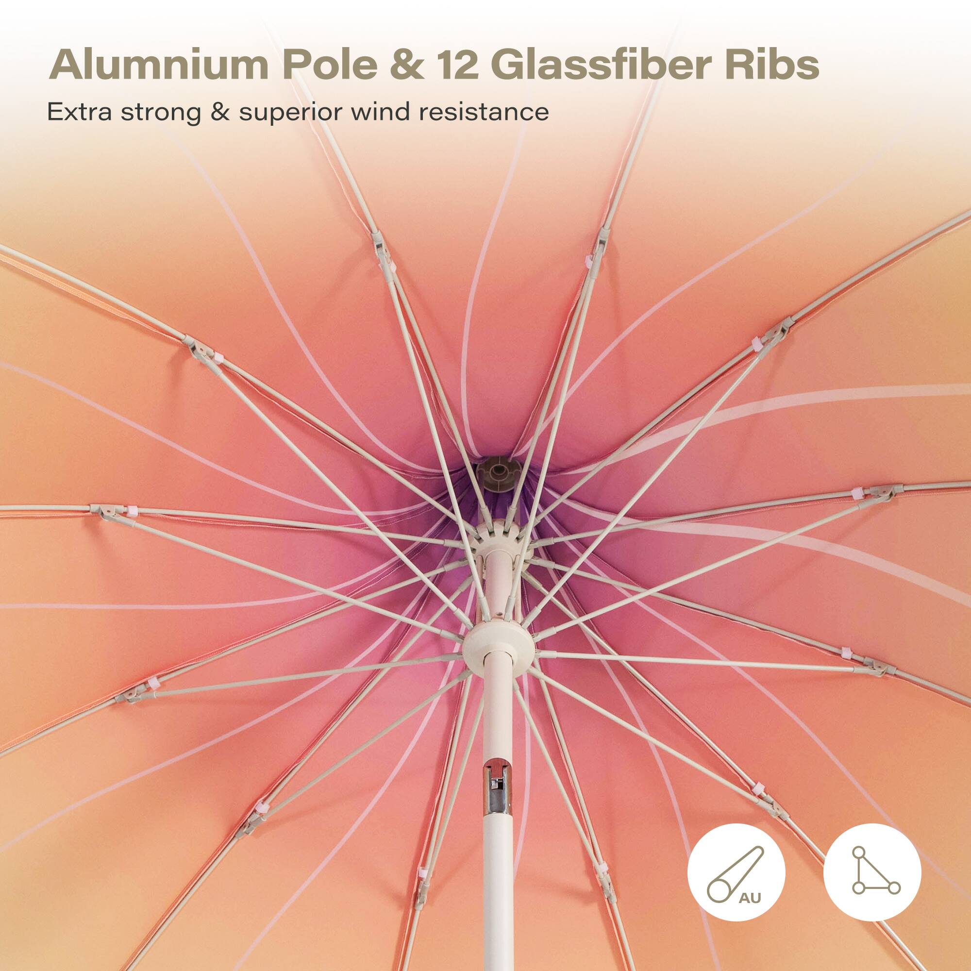 Aluminium Pole & 12 Glassfiber Ribs  
Extra strong & superior wind resistance