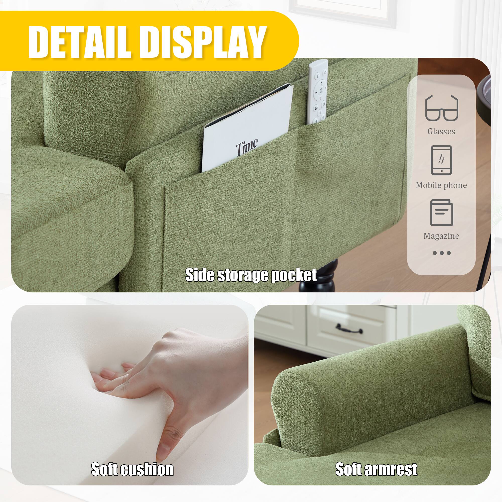 DETAIL DISPLAY

- Side storage pocket
- Soft cushion
- Soft armrest

Icons:
- Glasses
- Mobile phone
- Magazine