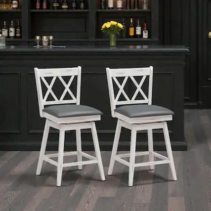 Front. Hivvago - Set of 2 Swivel Counter Stools with Rubber Wood Legs - White.
