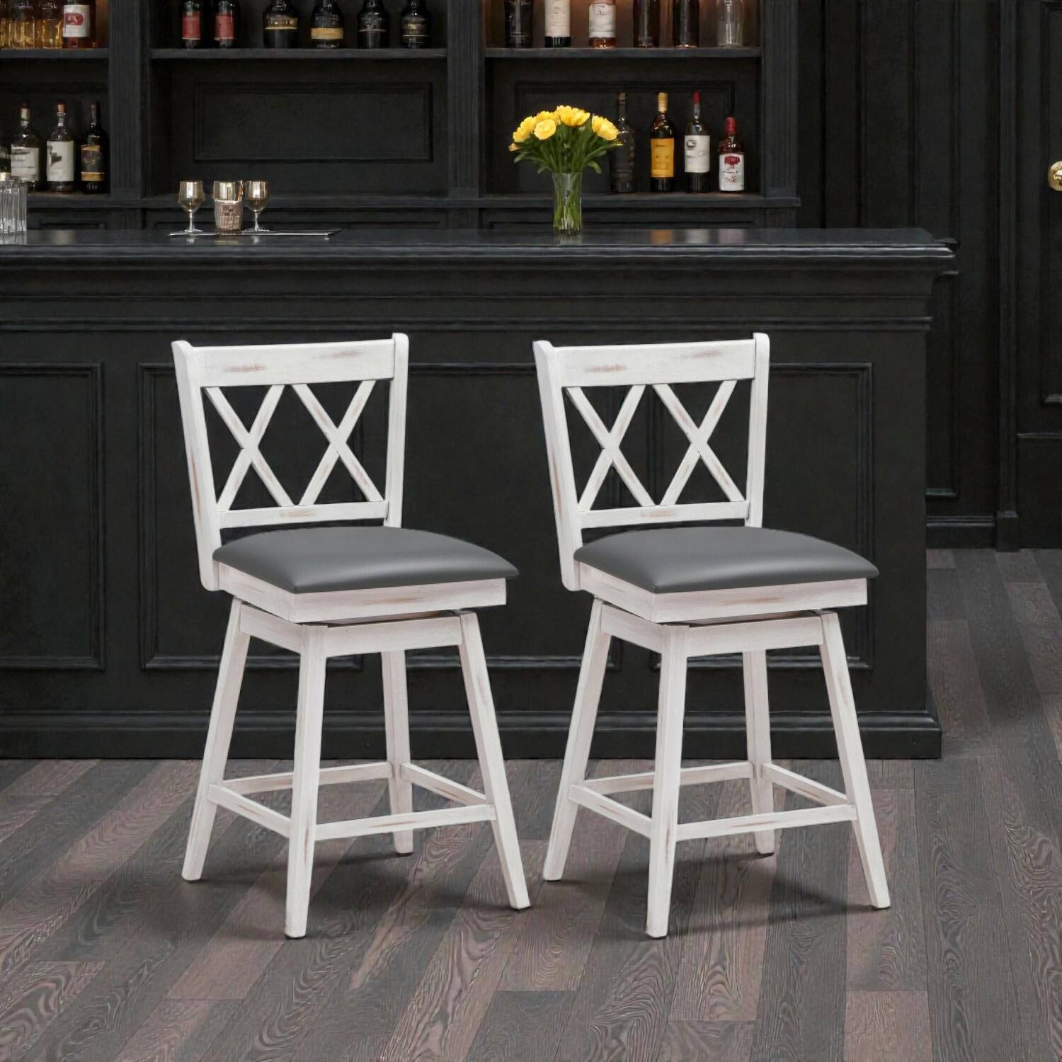 Front. Hivvago - Set of 2 Swivel Counter Stools with Rubber Wood Legs - White.