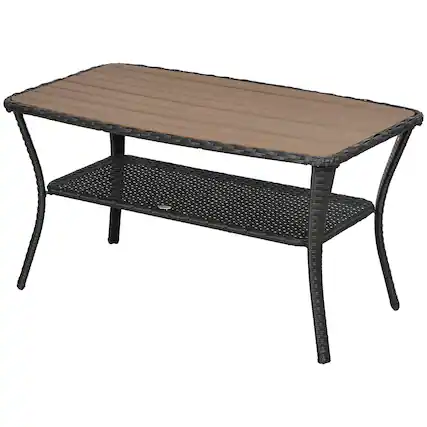 Front. Outsunny - PE Rattan Outdoor Coffee Table with Storage, 2-Layer Wicker Side Table, Patio Storage Table - Brown.