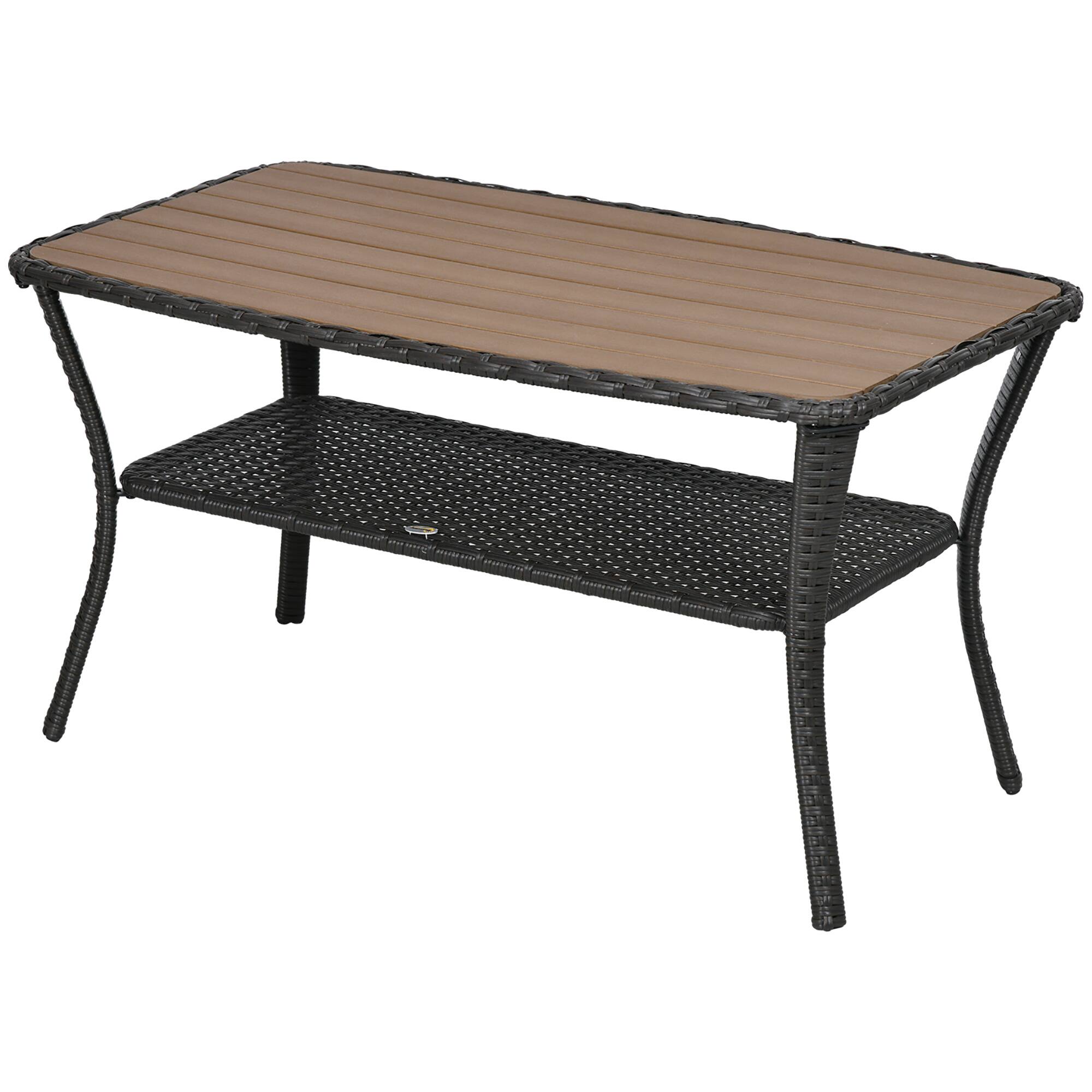 Front. Outsunny - PE Rattan Outdoor Coffee Table with Storage, 2-Layer Wicker Side Table, Patio Storage Table - Brown.