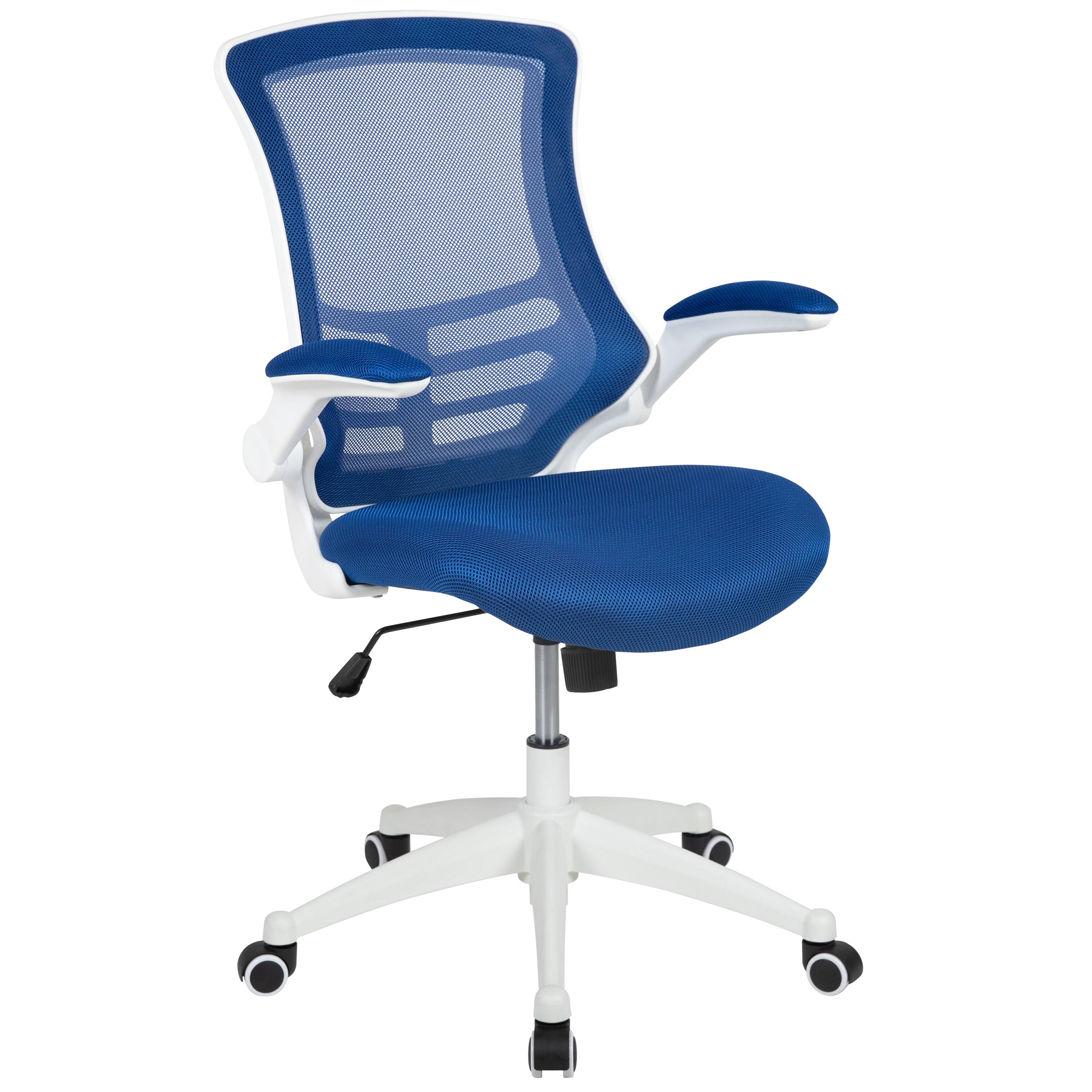 Front. Emma + Oliver - Mid-Back Mesh Swivel Ergonomic Task Office Chair with Flip-Up Arms - Blue Mesh/White Frame.