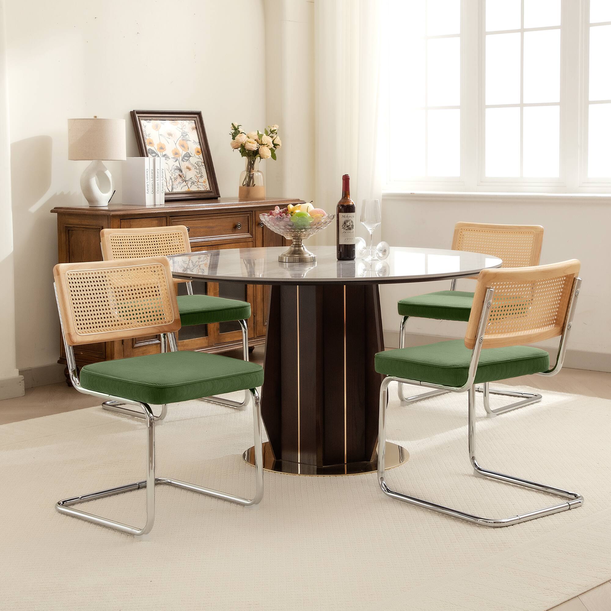 Alt View 5. KERDOM - Rattan Dining Chairs 2 Pcs Set, Corduroy Kitchen Side Chair, Minimalist Cantilever Seat, Farmhouse Wicker Accent Chair - Green.