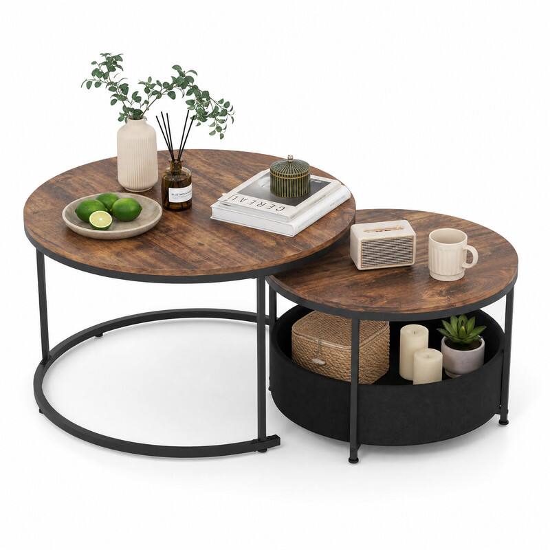 WELLFOR Round Coffee Table Set of 2 , Circle Cocktail Table with Fabric ...
