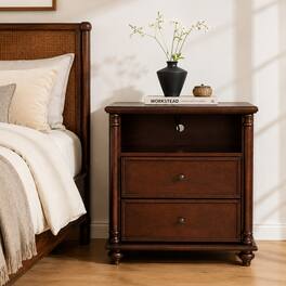 Loheer - Nightstand with Charging Station, Two Drawer Bedside Table, Rustic Brown, Twenty Eight Inch Wide - Walnut