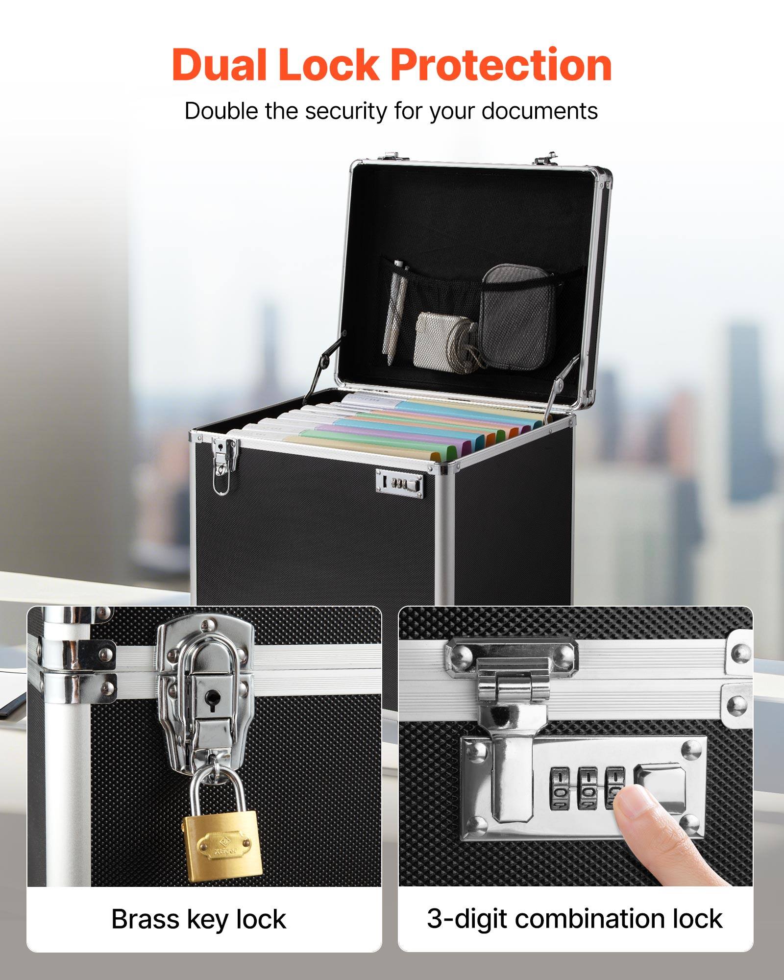 Dual Lock Protection  
Double the security for your documents  

Brass key lock  
3-digit combination lock
