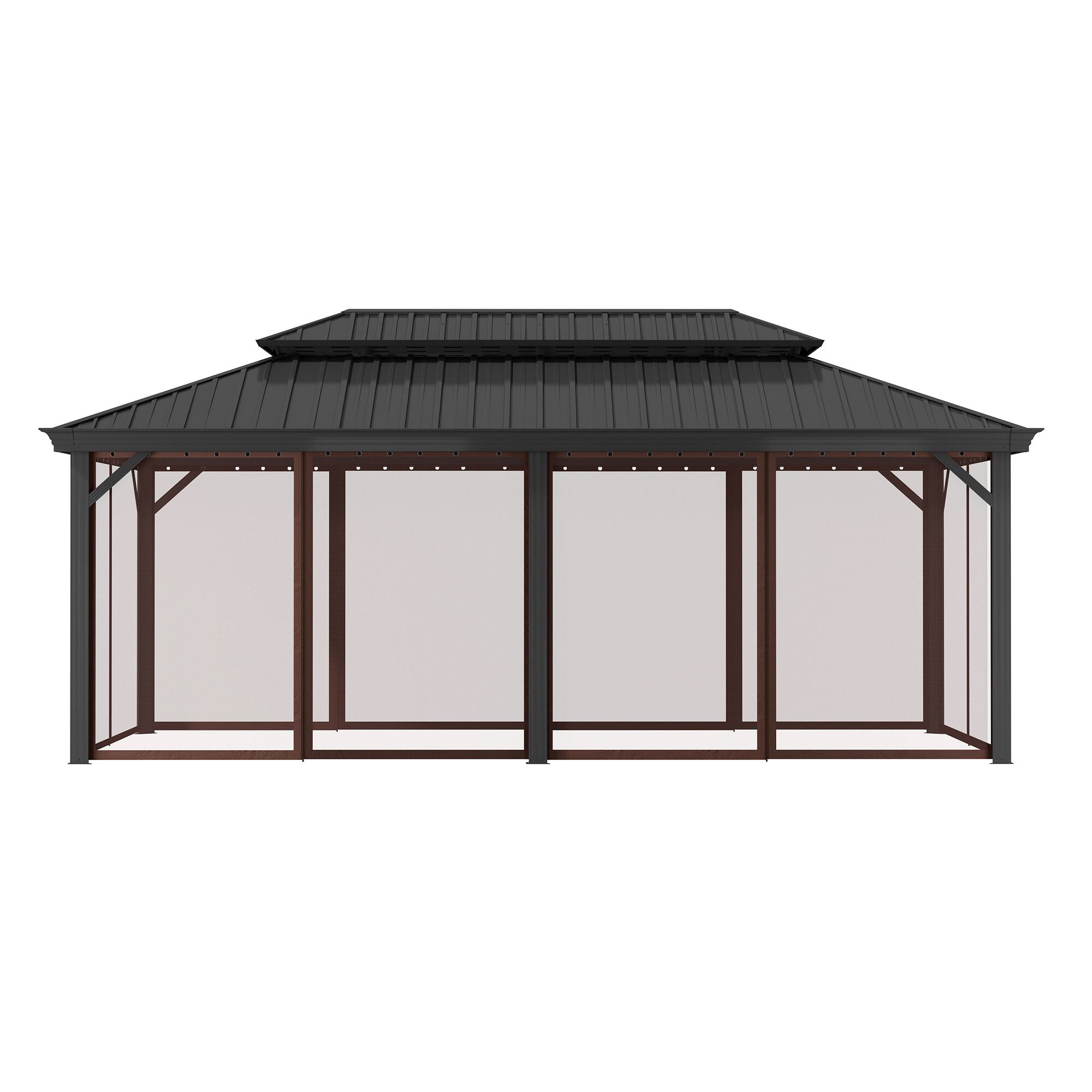 Back. Mondawe - 12x20Ft Hardtop Gazebo with Iron Double Roof Aluminum Frame and Nettings - Black+Brown.