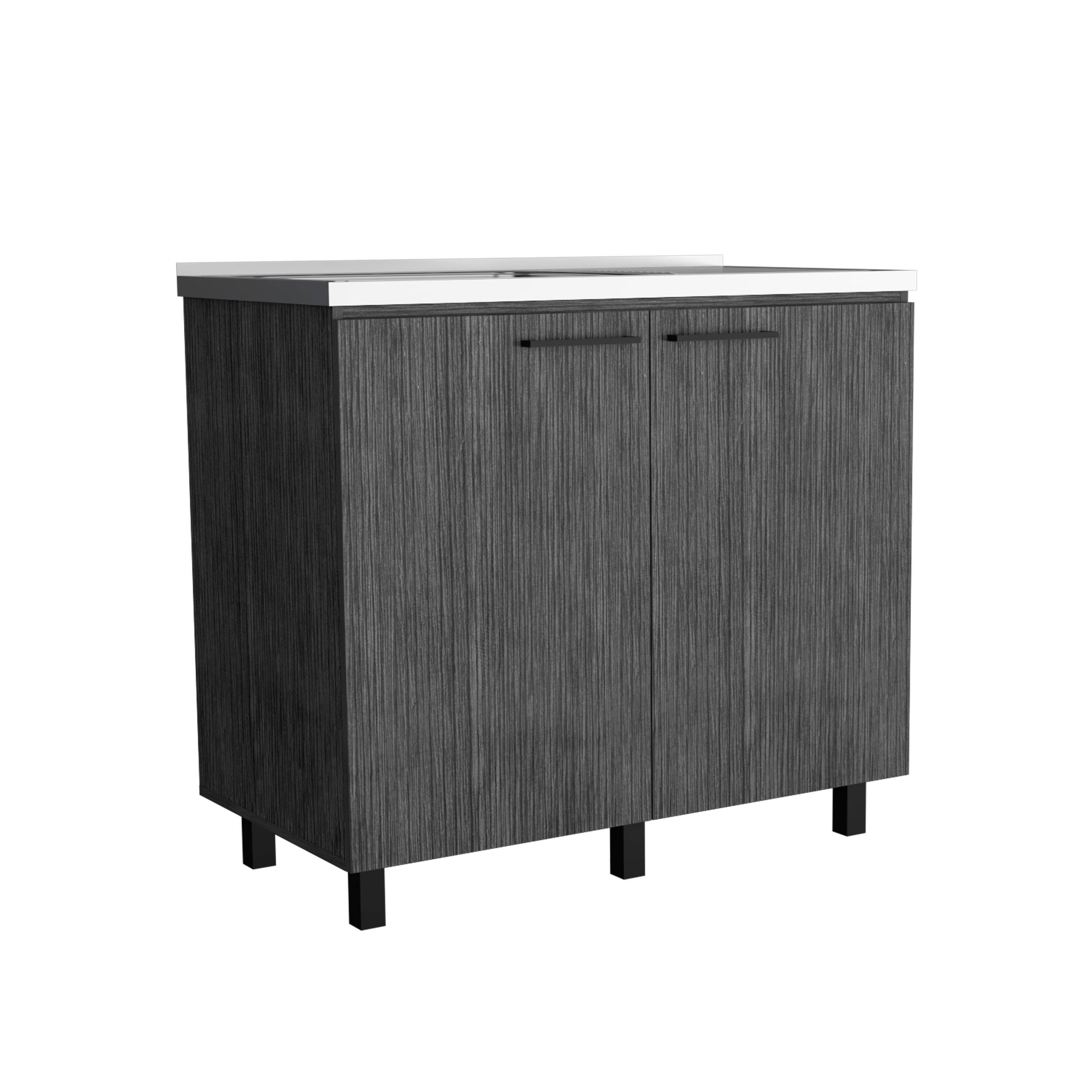Angle. TinyHomie - 2 Smokey Oak Freestanding Utility Base Cabinets Stainless Steel Countertop 2 Doors - brown.