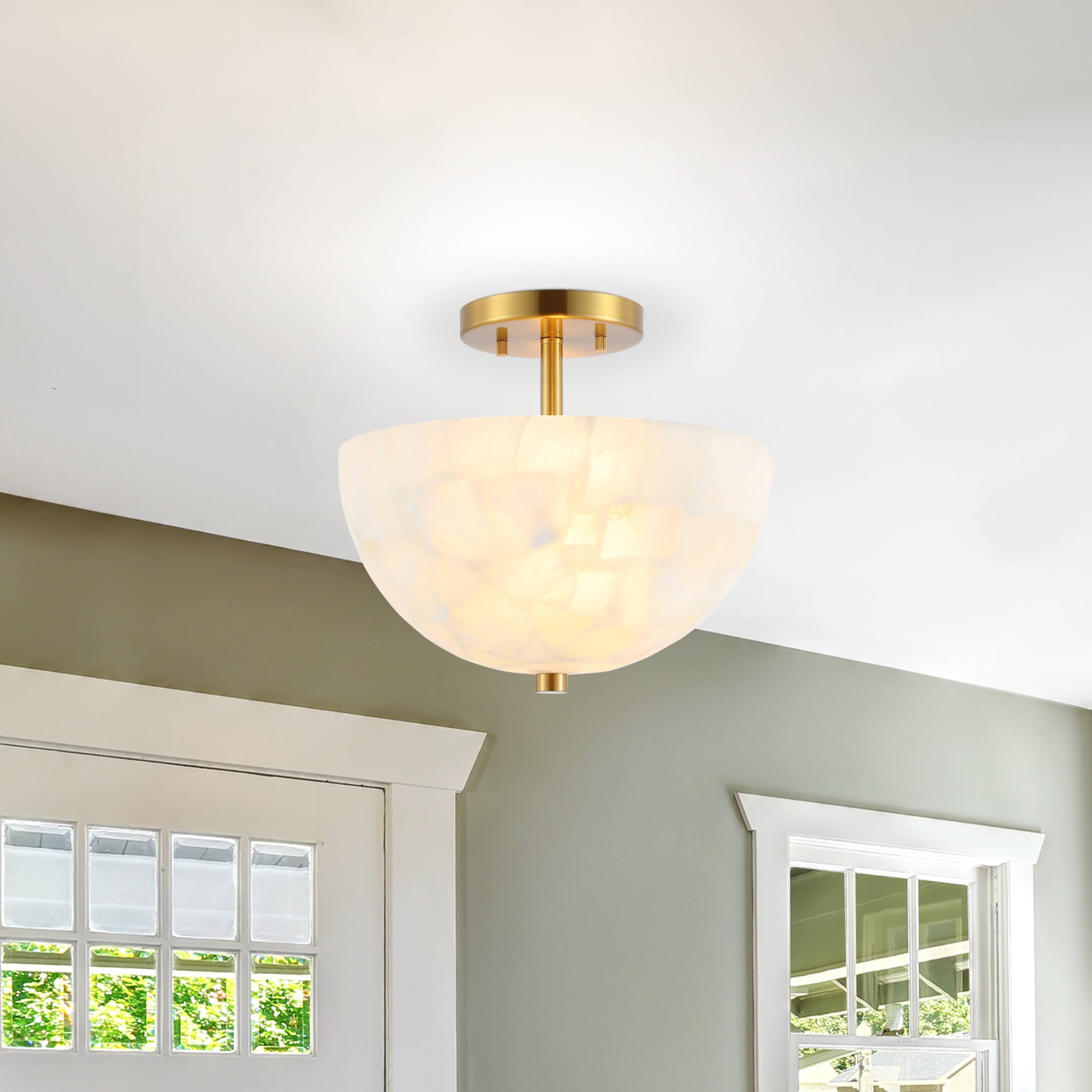 Alt View 1. Jonathan Y - Celine 11.88" 2-Light Modern Contemporary Alabaster/Iron Inverted Dome LED Semi Flush Mount, White Marbling/Brass Gold - White Marbling/Brass Gold.