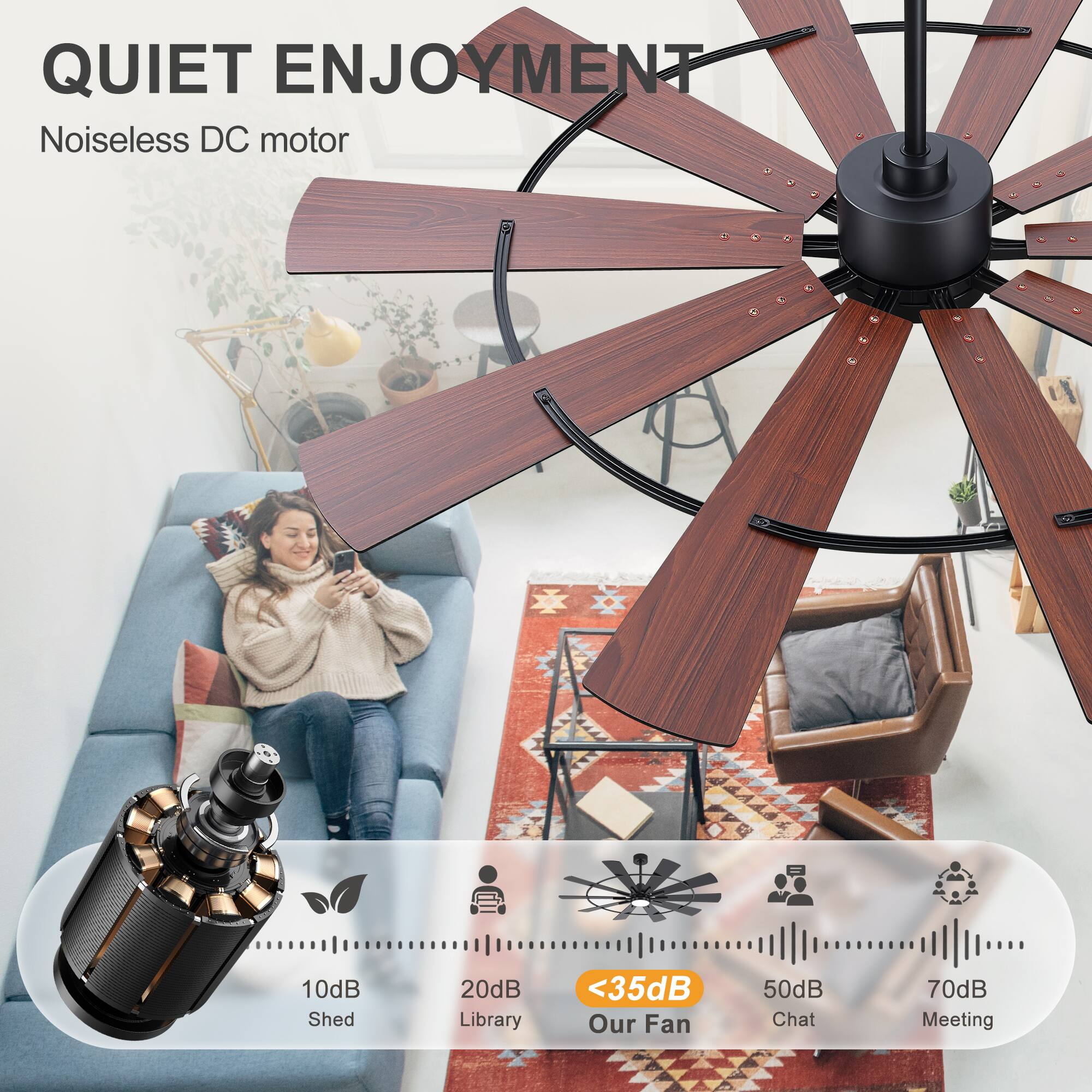 QUIET ENJOYMENT  
Noiseless DC motor  

10dB Shed  
20dB Library  
<35dB Our Fan  
50dB Chat  
70dB Meeting