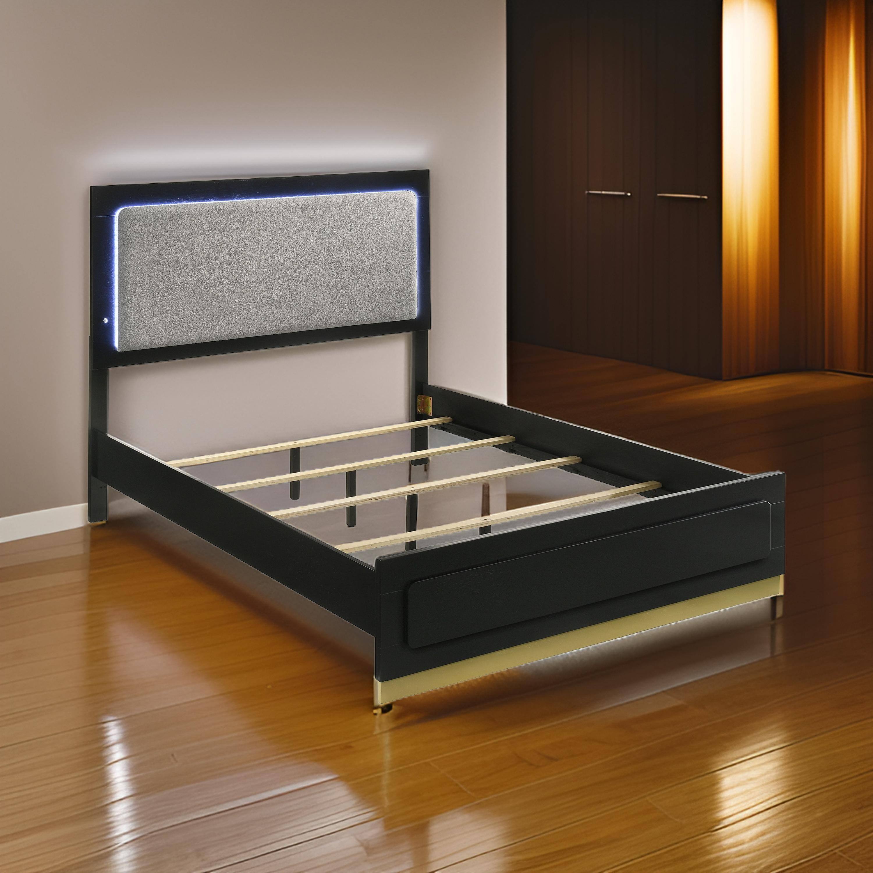 Alt View 5. Manhattan Lane - Caer Queen Size Bed, LED Panel Tall Headboard, Gray Upholstery, Black Okume - Black, Gray, Gold.