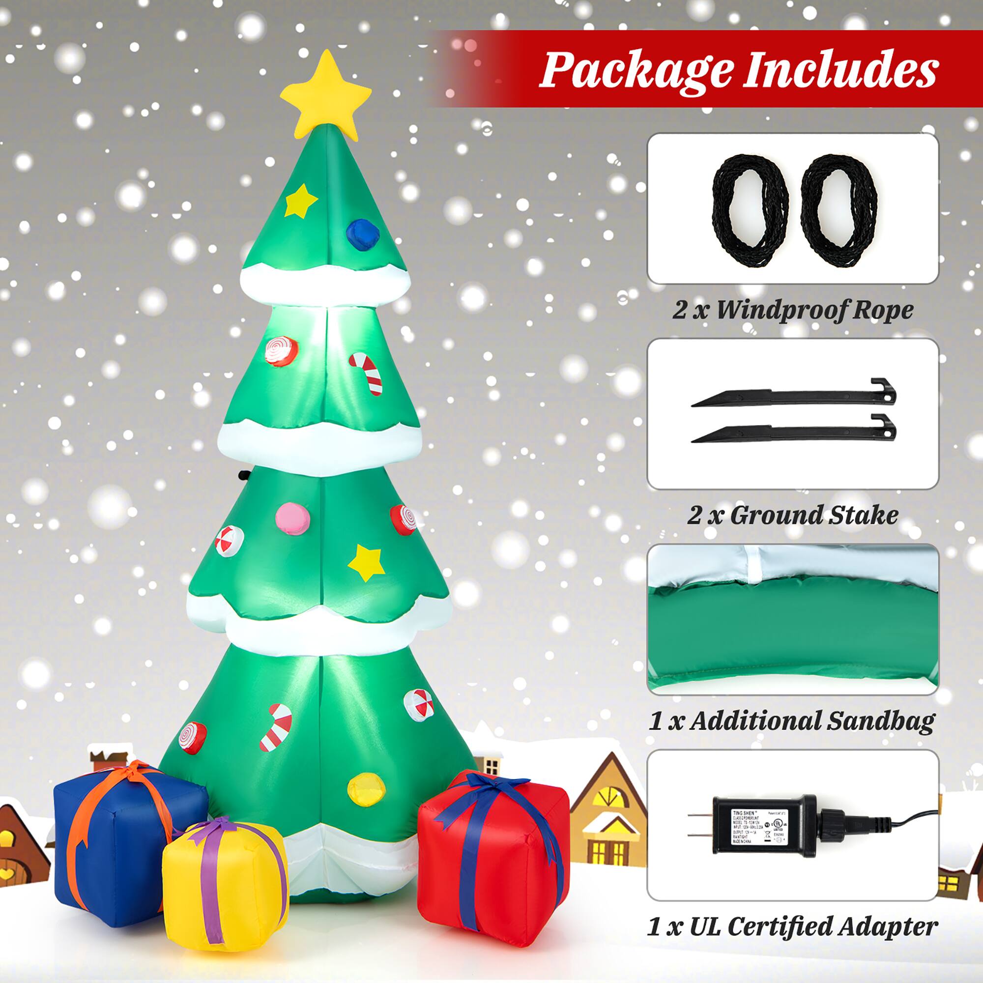 Package Includes

- 2 x Windproof Rope
- 2 x Ground Stake
- 1 x Additional Sandbag
- 1 x UL Certified Adapter