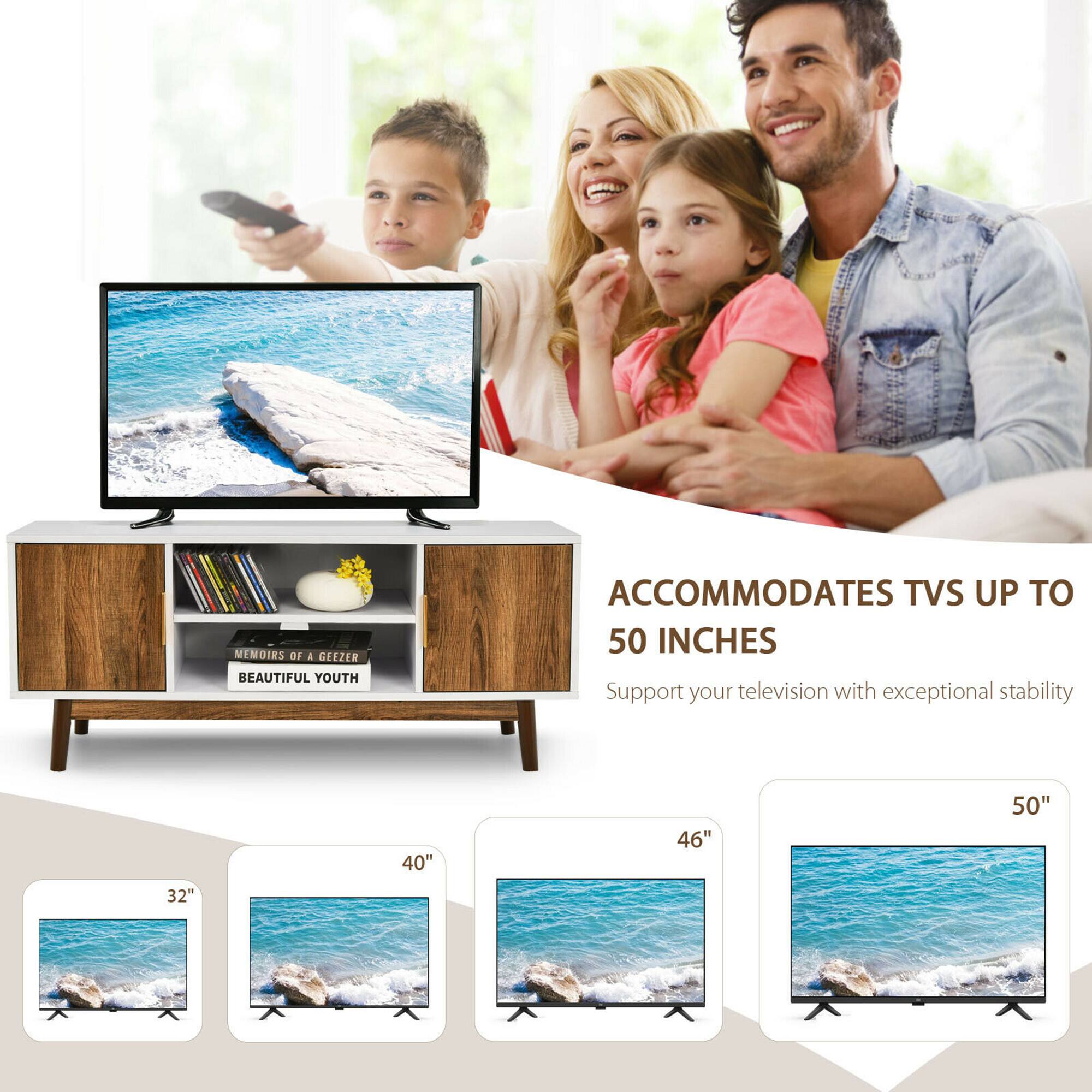 The image features a family sitting on a couch, watching television. The TV is placed on a wooden stand that accommodates TVs up to 50 inches. The stand is advertised as providing exceptional stability for the television. The family consists of a man, a woman, and two children. There are also several books visible in the scene, possibly indicating a reading or learning environment.