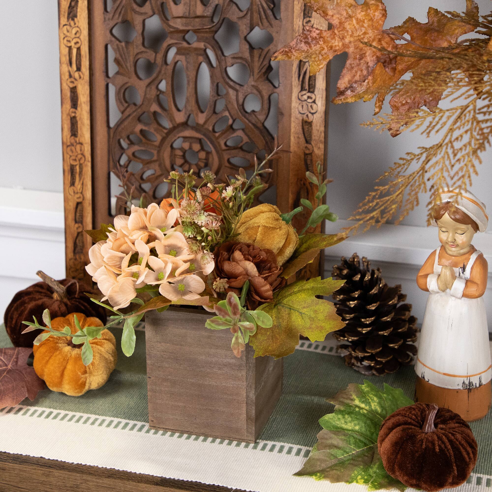 Alt View 1. Northlight - Floral and Pumpkin Wooden Box Fall Harvest Decoration - 10" x 8" - Orange and Brown - Orange.