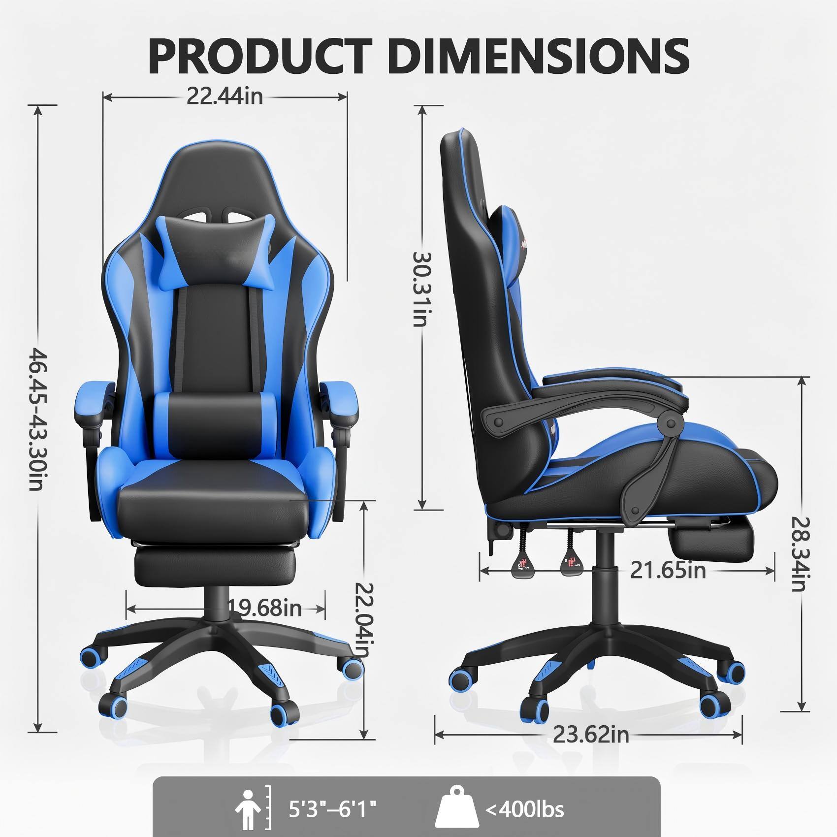 PRODUCT DIMENSIONS

- Width: 22.44in
- Height: 46.45-43.30in
- Depth: 9.68in
- Seat Height: 22.04in
- Back Height: 30.31in
- Seat Depth: 21.65in
- Armrest Height: 28.34in
- Base Width: 23.62in

- Height Range: 5'3" - 6'1"
- Weight Capacity: <400lbs