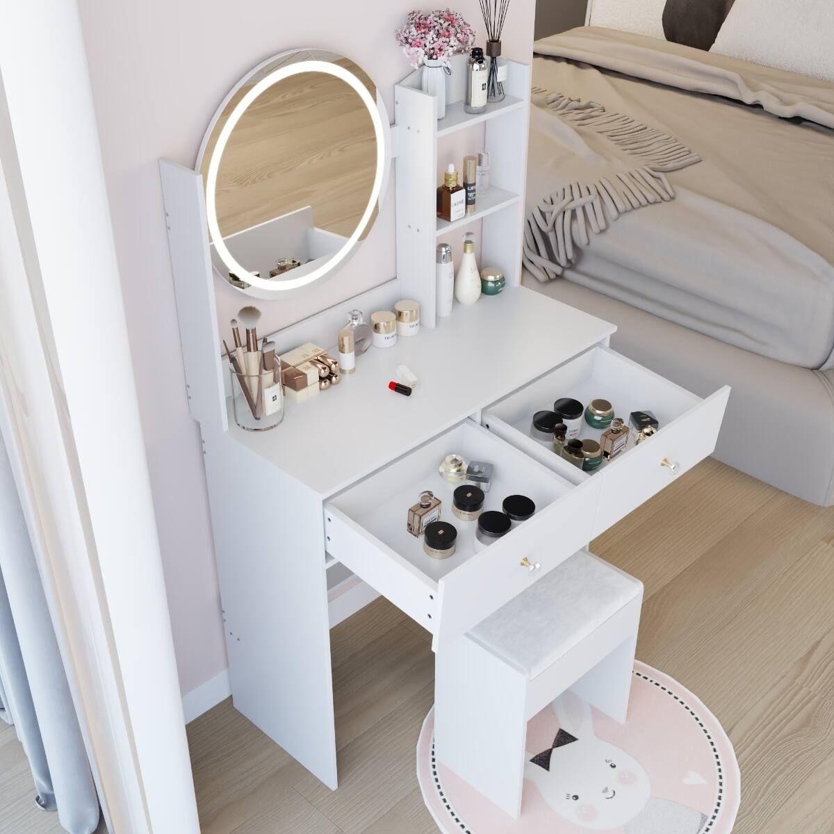 Alt View 8. Loheer - Loheer 17 Inch Round LED Mirror Vanity Table with Stool, White MDF, Adjustable Three Color Lighting - White.